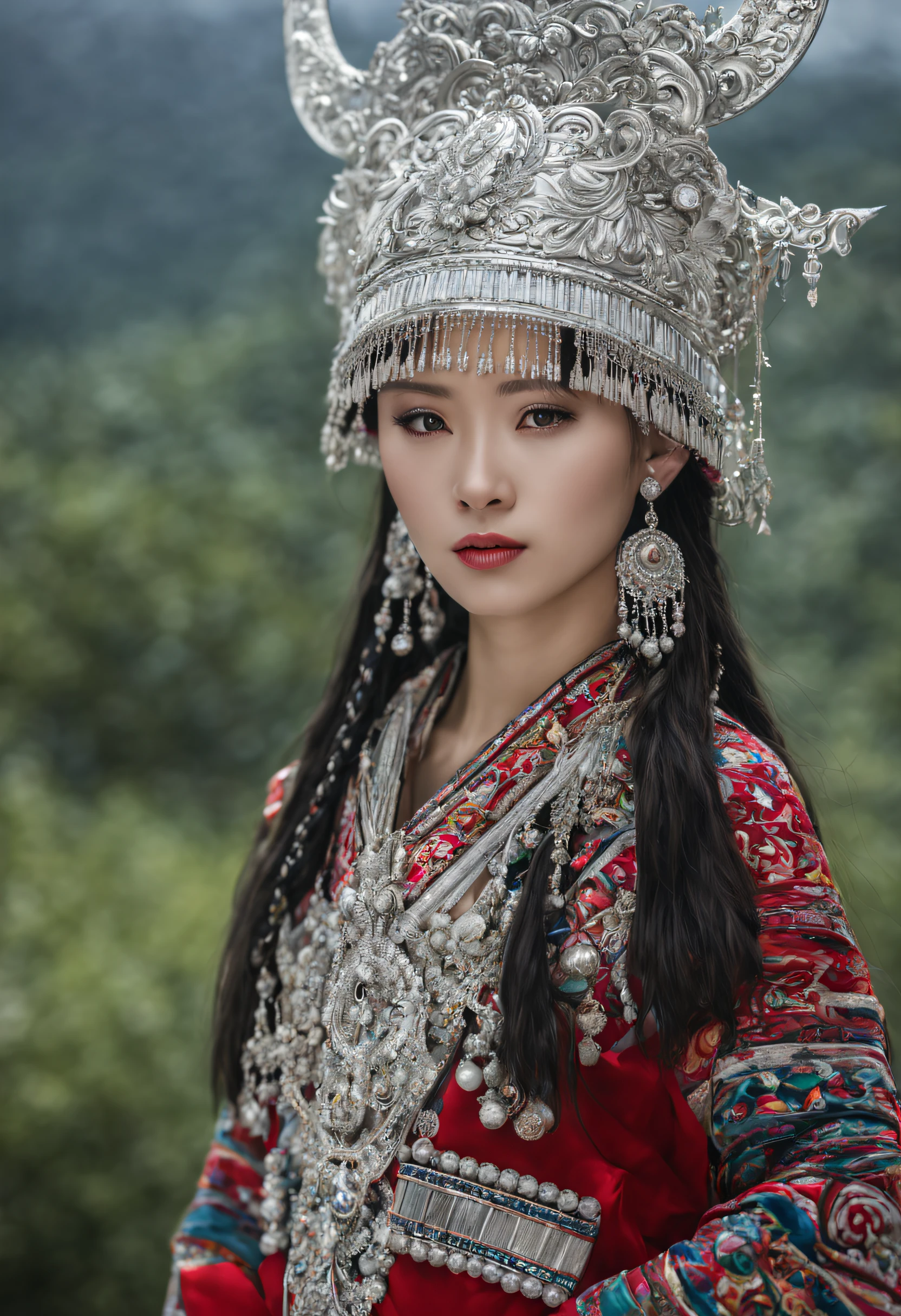 HDR,UHD,8K, best quality, masterpiece, absurdness, extremely detailed, miaoyuansu, hmong, miao8, 1girl, solo, black hair, realistic, long hair, jewelry, earrings, silver bull Horne on hat, upper body, looking at viewer, silky long straight hair, ornament, (very detail traditional clothes), hat, blurry background, portrait, makeup, headdress, eyelashes,