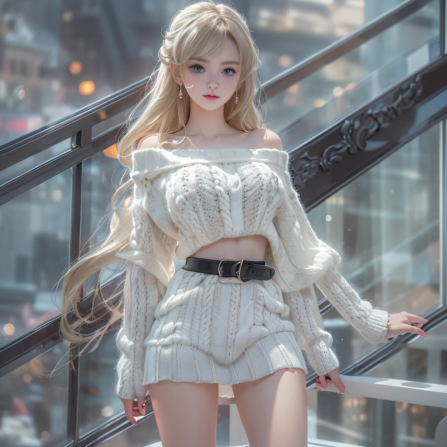 ((girl standing on the stairs in the office)),bright expression、Young shiny shiny white shiny skin、Best Look Rondo Reflective Light、Platinum blonde hair with dazzling highlights、shiny light hair,、Super long silky straight hair、Beautiful bangs that shine、Glowing crystal clear attractive big blue eyes、Very beautiful nice cute 16 year old girl、Lush bust,Beautiful detailed eyes, beautiful detailed nose,(( Full Body Angle:1.5)),Makeup that the eyes emphasize、Royal style，Comic style, , Sub-surface scattering, ornate detail, nature backdrop, Supergianthugebreasts, ((Cinematic)), Dramatic Lighting, masutepiece、((Off-the-shoulder white hand-knitted sweater:1.4))、((Black Leather Mini Skirt)), ((Black Leather High Heel Boots)）、(White lace panties are visible)、1 girl in、Ultra realistic 8K CG, Picture-perfect face, flawless, clean, masutepiece, Professional artwork, famousartwork, Perfect face, Beautiful face, Beautiful eyes, ((Perfect female body)), Solo,(Immersive atmosphere, Chiaroscuro:1.5,Bright light:1.2,Luminous lighting),(blush:0.5),fascinated expression,Extremely detailed_Eyes,thick thighs,Large,beautifullydetailedbackground,depth of fields,Realistic:1.3, , (ambient lights:1.3),(Cinematic composition:1.3),(Neon light:0.1),(nffsw:0.1),((Outside the window, Hazy skyscrapers))