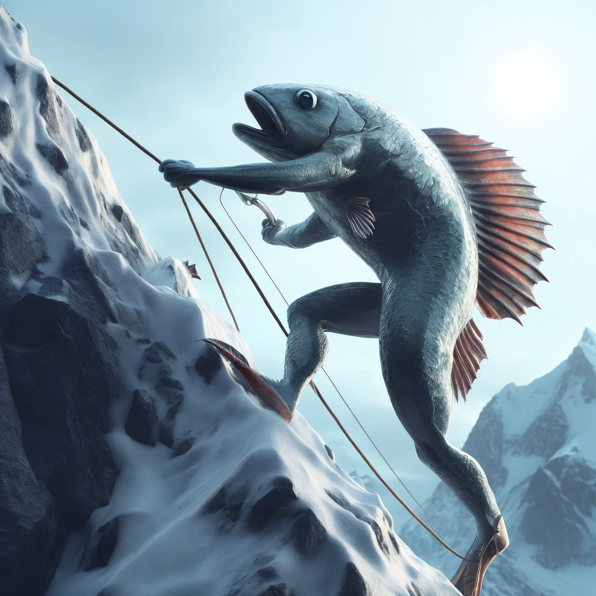 Eat fish, who climbs a mountain using a rope, 3 d epic illustrations, arctic fish, rolands zilvinskis 3d render art, sylvain sarrailh and igor morski, realistic fantasy render, depicted as a 3 d render, 3d render trending on artstation, Zbrush Contest Winner, zbrush central contest winner, trending in artstation