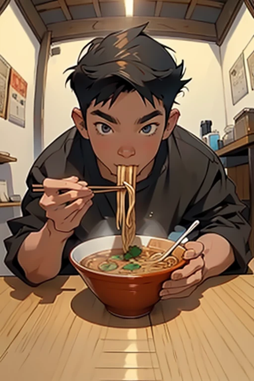 4K, High quality, Boy Eating Ramen, Perspective, Hand holding chopsticks, Clear hands, Good hands,