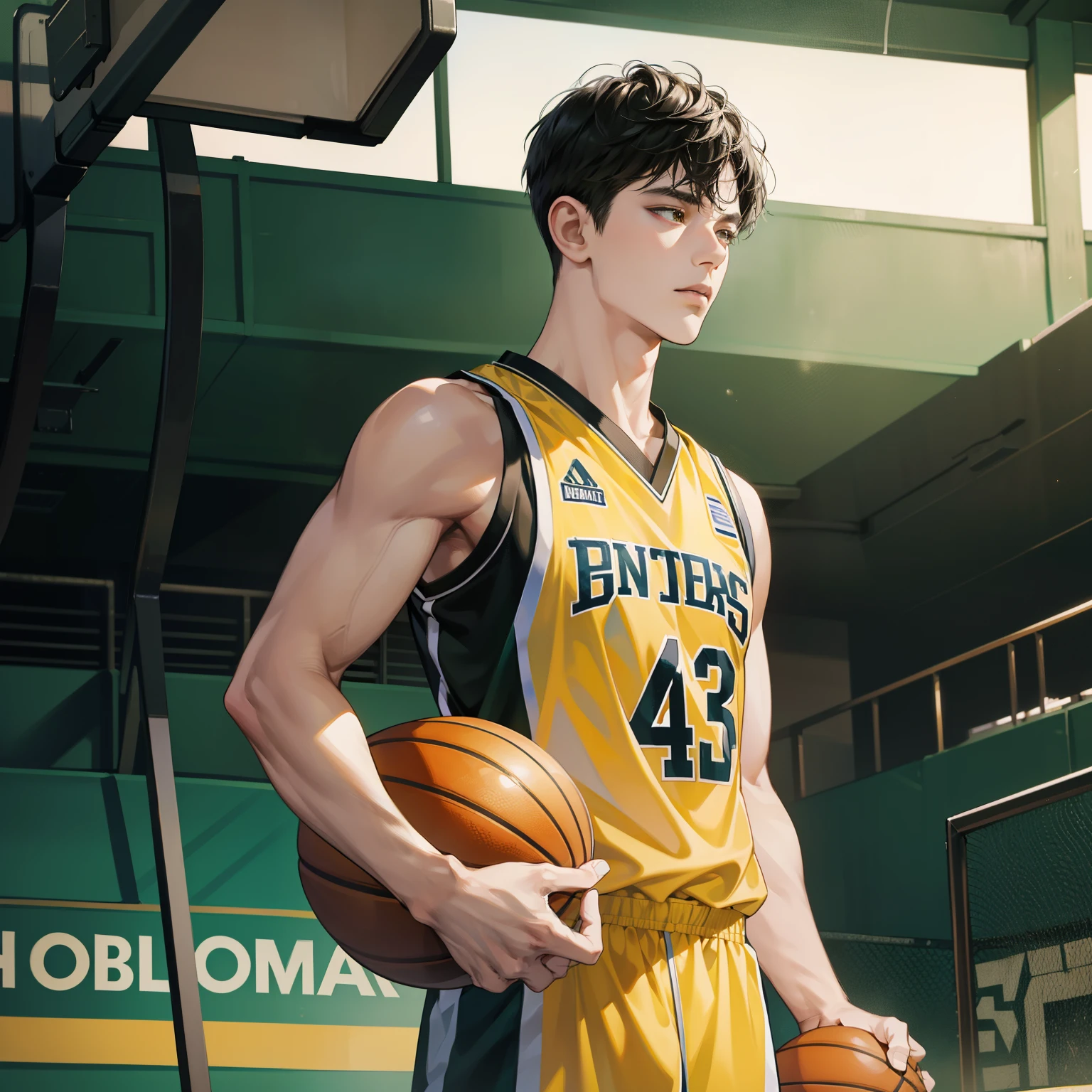 Masterpiece, high quality, best quality, HD, realistic, perfect lighting, detailed body, 1 man, Black eyes, short hair, Black Haircut, Wear Basketball, Green & Yellow Basket Uniform, basketball court background.