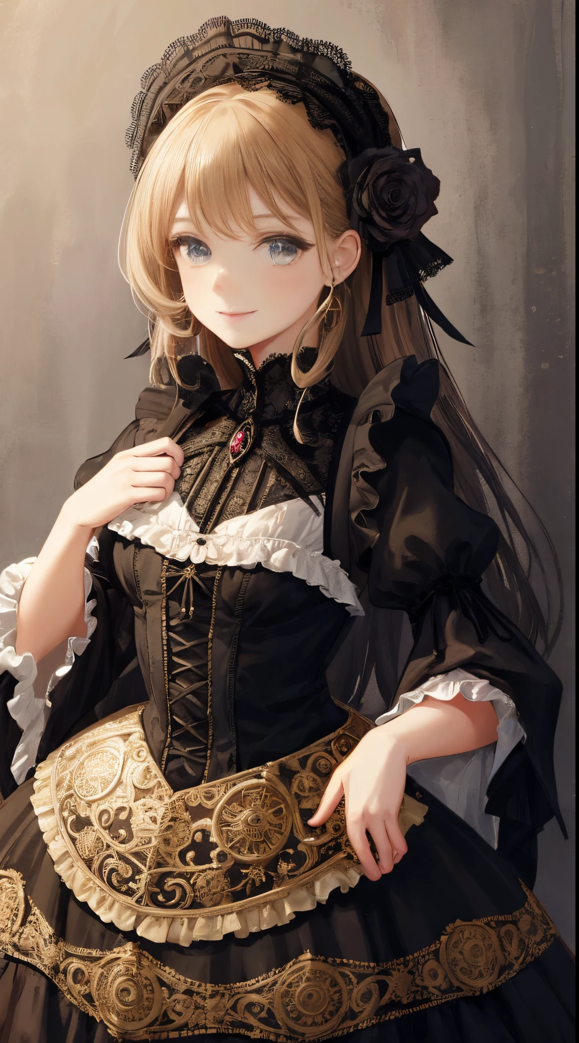 woman wearing dress and boots , baroque dress, in detailed steampunk dress, an elegant gothic princess, victorian gothic lolita fashion, Historical Baroque Dress Dark, black gothic lolita dress, fantasy style clothing, rococo dress, black rococo, classical witch, fantasy outfit, wearing a gothic dress, romantic dress, gothic dress,a blond,25-years old,(((Upper body portrait)))A smile,