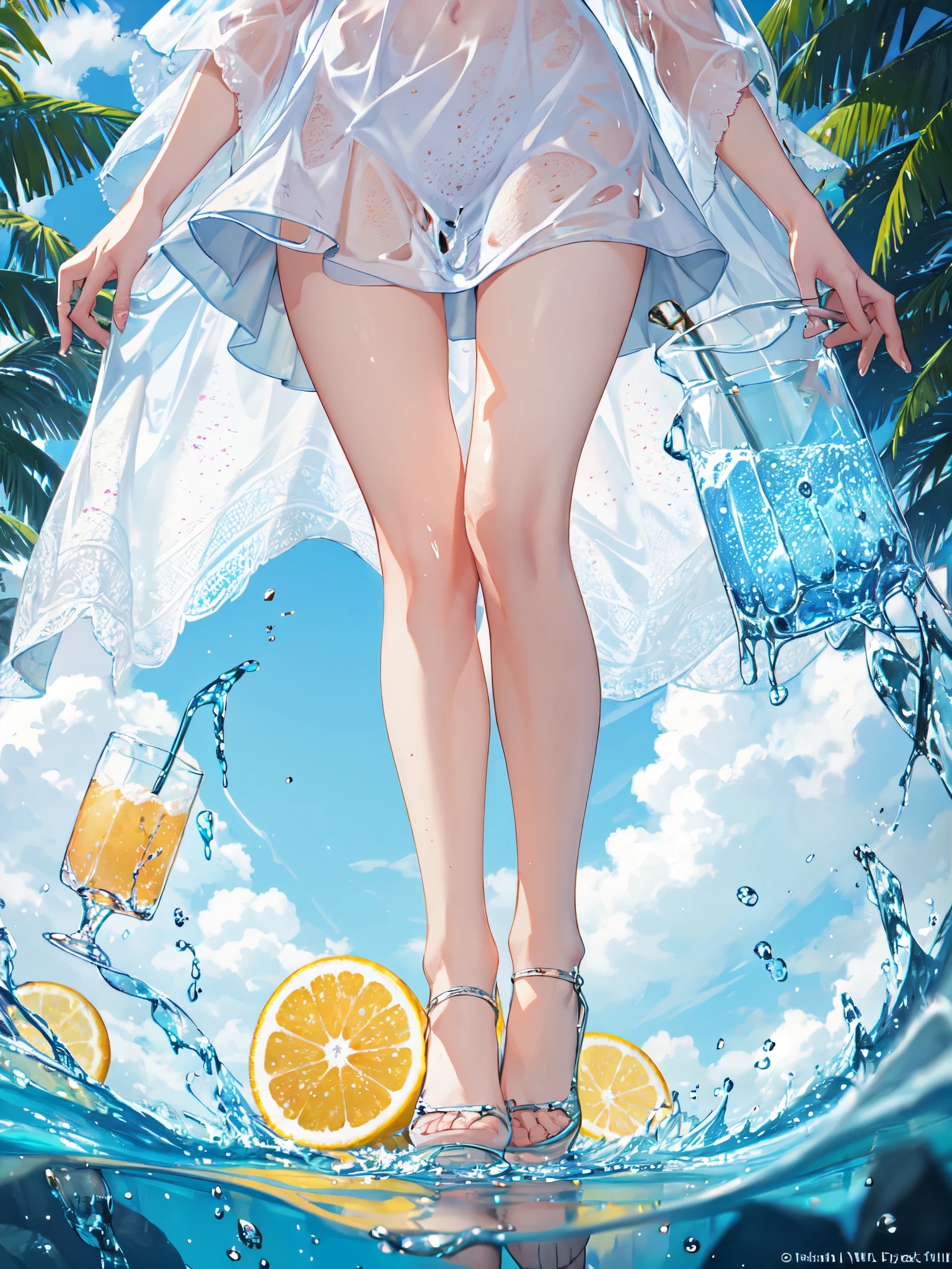 Tropical summer waterfall holidays. The camera focuses on glasses, fruit, dazzling midday sunlight, fisheye images, distant views, a healthy meals, (speckled liquid: 1.6),  cubes, (picnic scene: 0.5) (lovely dessert: 0.4), dripping water. At the edge of the image are the girl's shiny thighs, filled with carbonated drinks, translucent liquids, outdoor daytime running lighteach 1.5), tropical plants, warm weather, high-definition details, wet watermarks, ultra-details, films, surrealism, soft light, deep-field focused bokeh, light tracking, diffuse reflection (ultra-thin glass reflection), and surrealism.