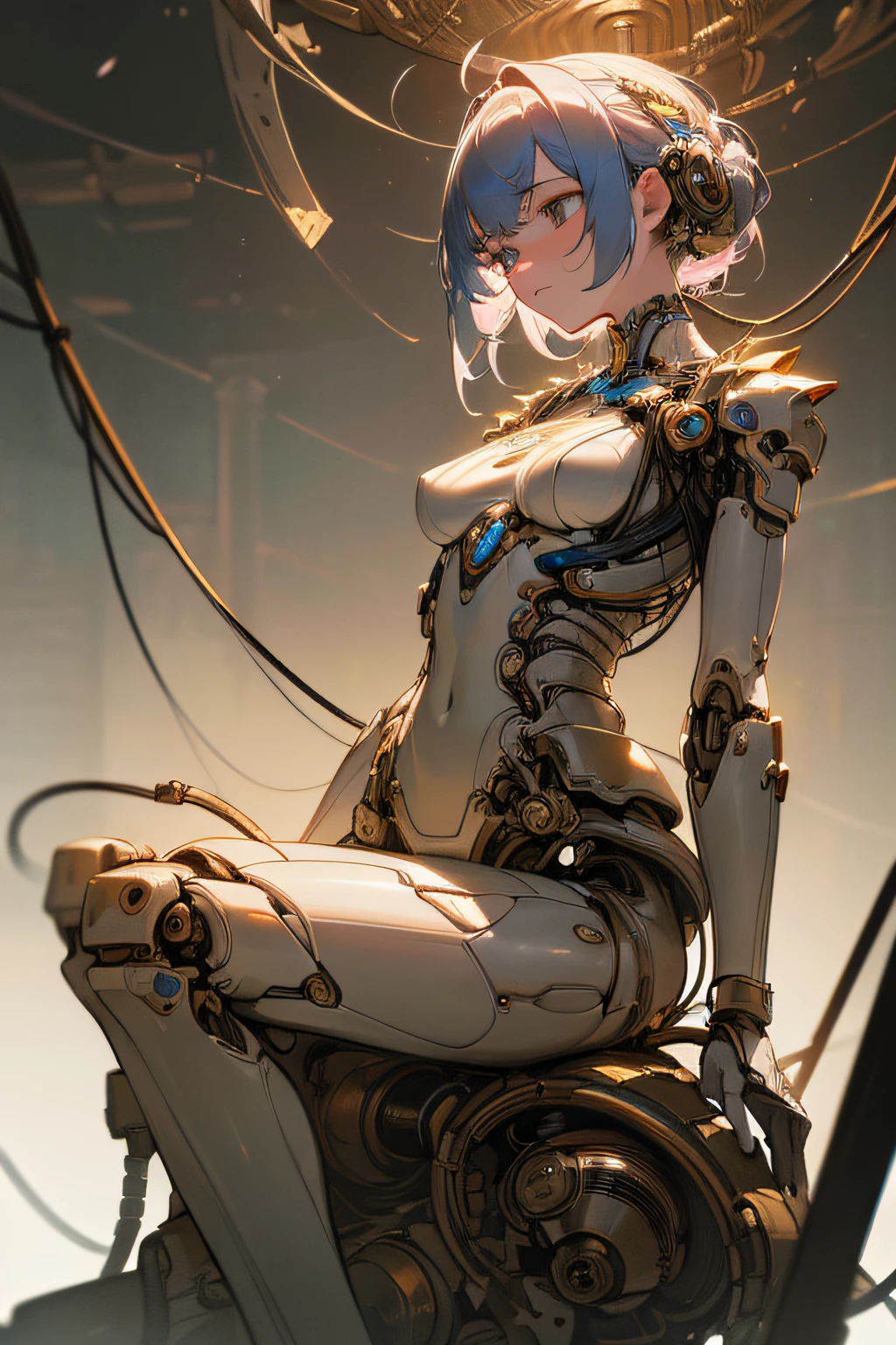 (((masterpiece))), (((best quality))), ((ultra-detailed)), (highly detailed CG illustration), ((an extremely delicate and beautiful)),cinematic light,((1mechanical girl)),solo,full body,(machine made joints:1.2),((machanical limblood vessels connected to tubeechanical vertebra attaching to back),((mechanical cervial attaching to neck)),(sitting),expressionless,(wires and cables attaching to neck:1.2),(wires and cables on head:1.2)(character focus),science fiction,extreme detailed,colorful,highest detailed, highly detailed, vibrant appearance, creative behavior, extremly detailed, imaginative, sensual, spontaneous, highest quality, skin texture, intricate details, (cinematic lighting), RAW photo, 8k, masterpiece,best quality,ultra-detailed,very detailed illustrations,extremely detailed,intricate details,highres,super complex details,extremely detailed 8k cg wallpaper,