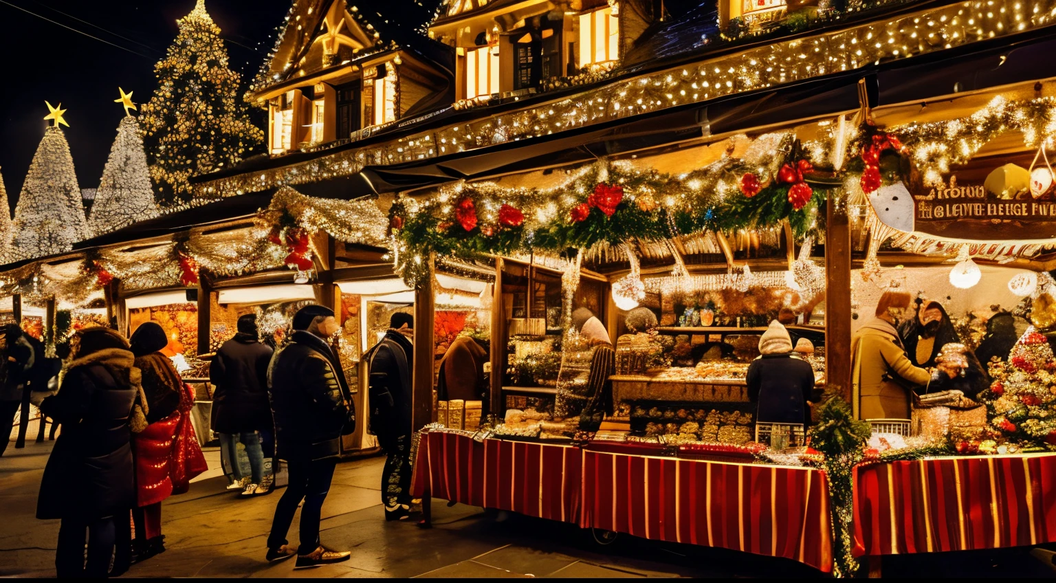 Luxurious and glittering Christmas market, antique style, large scale, overhead, chocolate and fruit stalls, night, moon lit, many customers