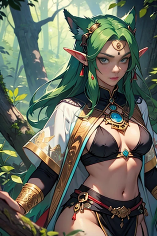 ((jungles)),(elf milf),((holding staff))((green tattoo covering whole body:1.4)),flower ribbon,(golden hair),Detailed face details,((thick body: 1.4)), (Curvy:1.35),Curvy physique,compelety naked,bare leg,(puffy ensual movements,close up