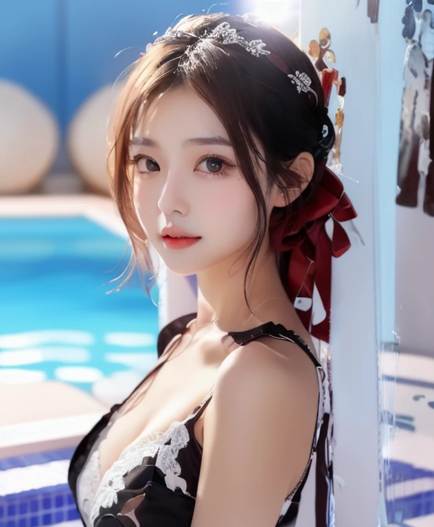Close-up of a woman wearing a black dress by the pool, gorgeous young korean woman, beautiful Korean women, young and cute girl, beautiful young korean woman, Beautiful Asian Girls, Young and beautiful gravure idol, gorgeous chinese models, Korean girls, Realistic young gravure idol, 2 4 year old female model, xintong chen, Young cute asian face
