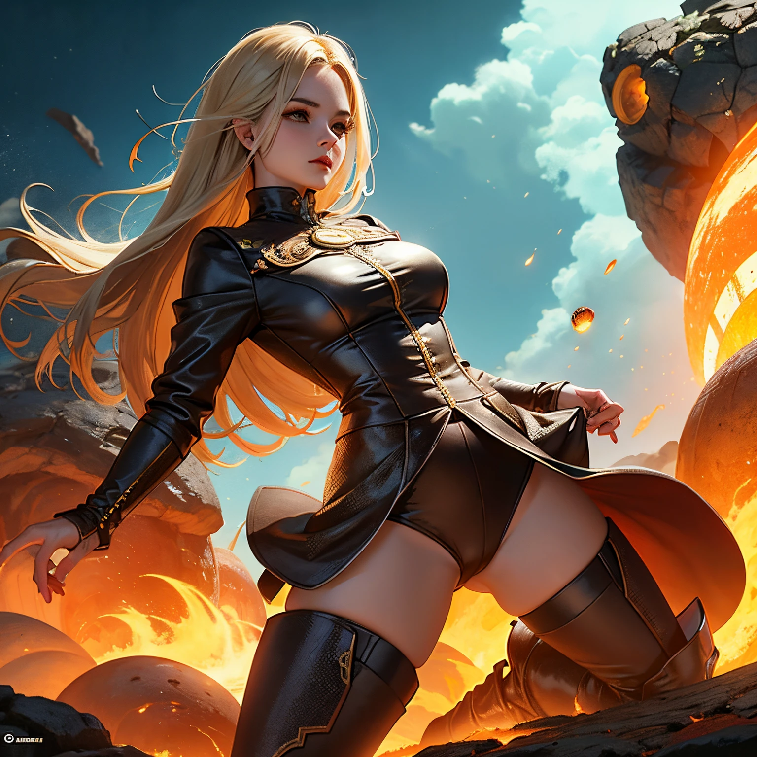 uma mulher bonita com botas pesadas segurando terra arredondada e rocha e lava orb, vestida com jaqueta de couro, verry elegante. Orb is surrounded by dust cloud