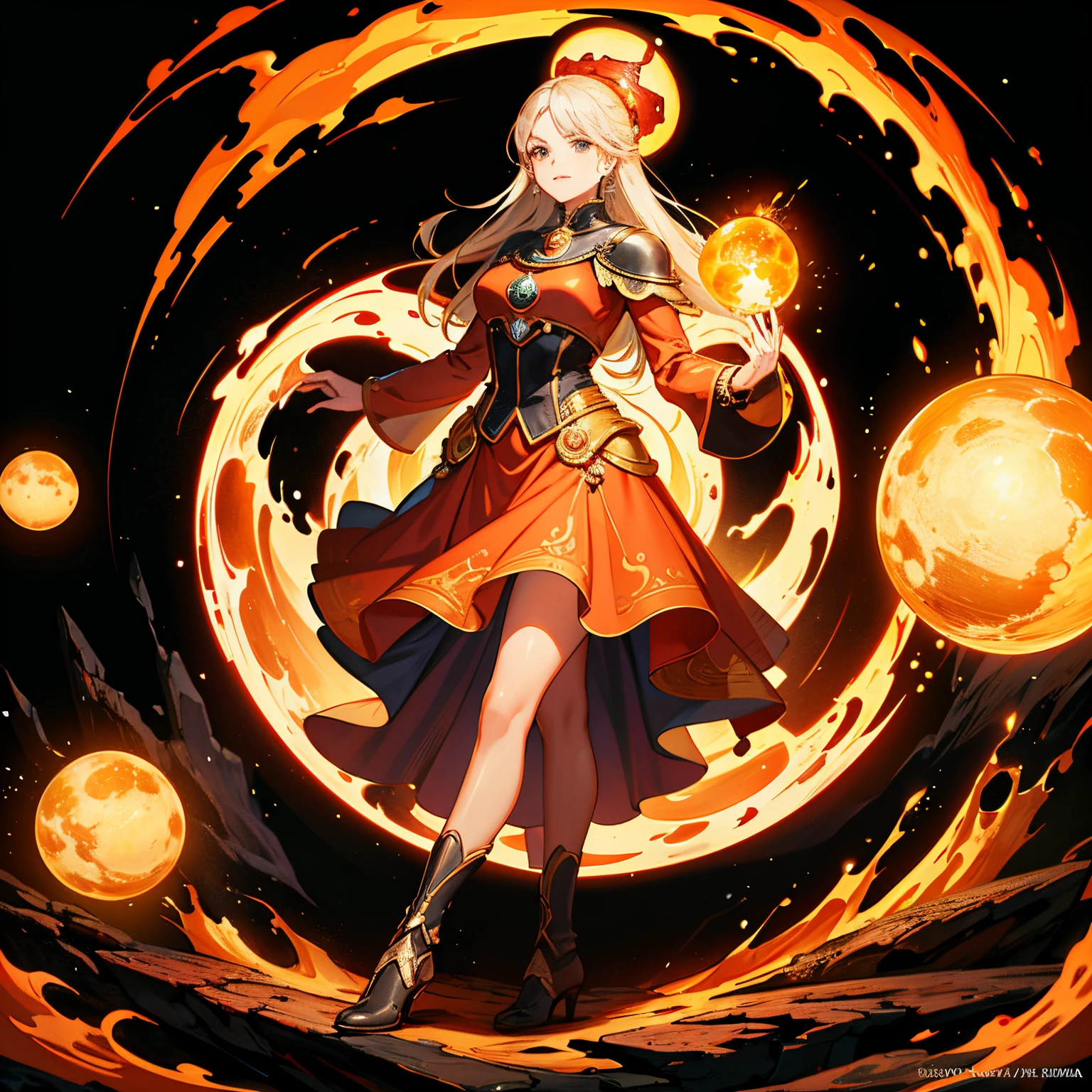 uma mulher bonita com botas pesadas segurando terra arredondada e rocha e lava orb, vestida com jaqueta de couro, verry elegante. Orb is surrounded by dust cloud