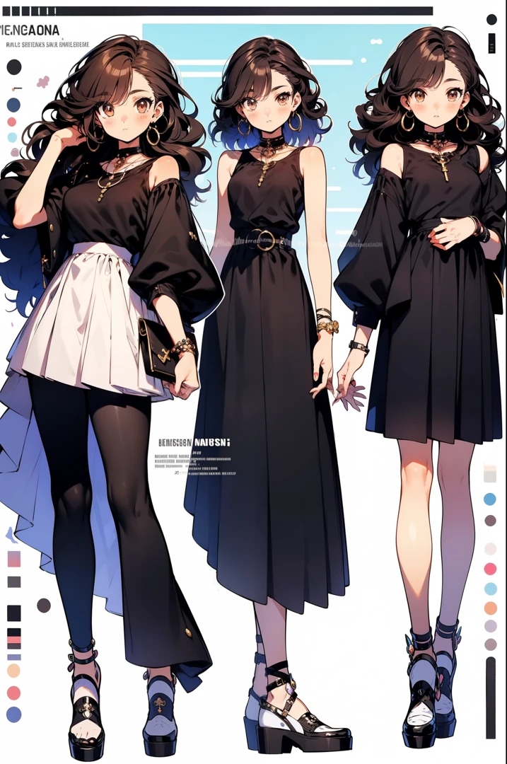anime, ilustrar, , estilo anime, design de personagens, 2D, y2k, elegante , roupas estilo europeu, cabelos preto, olhos castanhos avermelhados, then, pele clara , Colar, cabelo solto , meninaoso