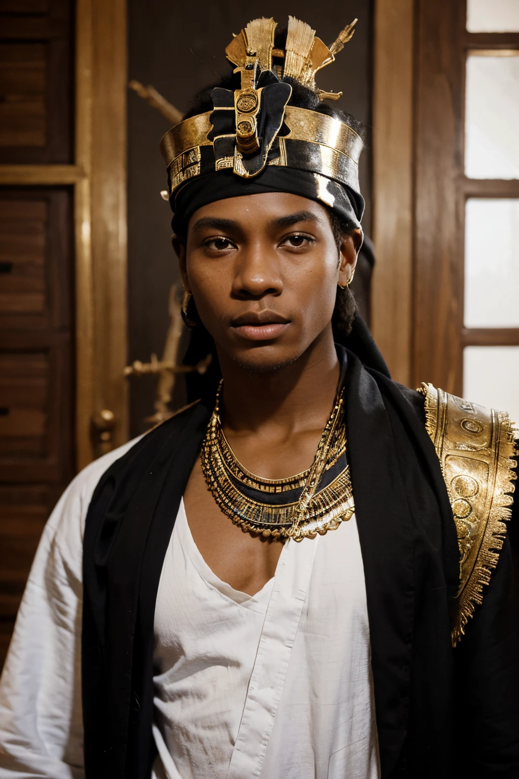 "a black teenager Merge with the head of Tutankhamun. Include only the top body of Tutankhamun in the resulting image, and dress him in a robe with a black and white bandana."