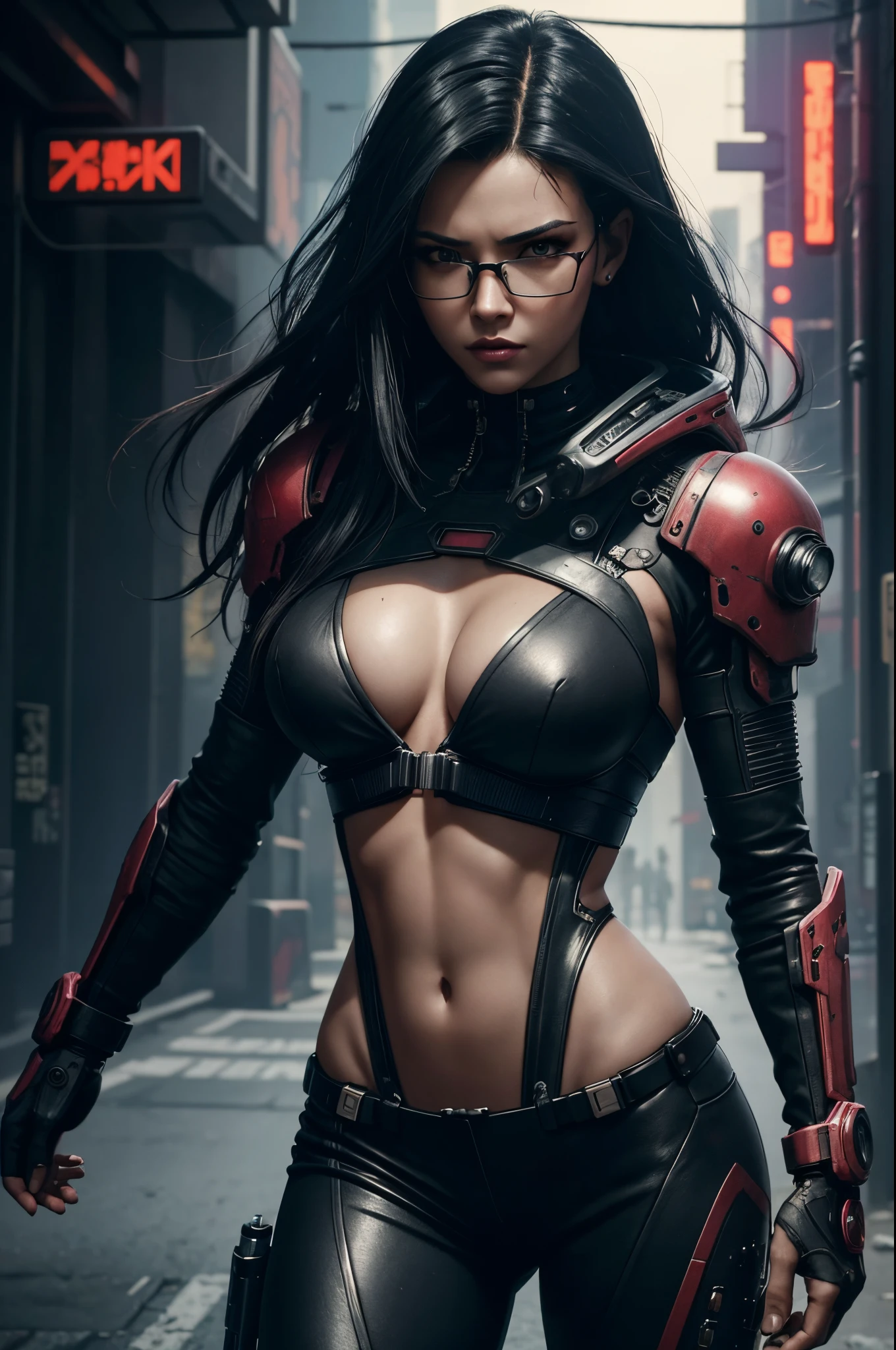 8K,cabelos preto e longos,A slender woman wearing red and black combat uniform is posing.,Super beauty(Like the real thing) very small tits cyberpunk, lean body muscles,real looking skin,Thin glasses,cabelos preto e longos,Black eyes,Female cyberpunk, Demon Slayer,Digital Cyberpunk Anime Art, cyberpunk angry gorgeous goddess, , Digital Cyberpunk Art, Cyberpunk Art, cyberpunk 2 0 y. o model women, dreamy cyberpunk girl, 超A high resolution,A hyper-realistic,very small breasts,Rugged look,Fantasyart,character art,enticing,A sexy,