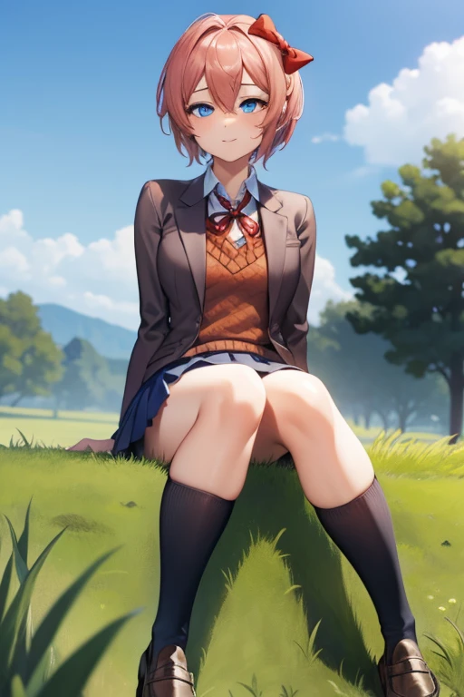 ddlcsayori, ddlcsayori, blue eyes, hair between eyes, hair bow, hair ornament, pink hair, ((red bow:1.4)), short hair,
BREAK blue skirt, pleated skirt, school uniform, skirt, brown jacket, jacket,
BREAK looking at viewer,
BREAK playground background, outdoors,
BREAK (masterpiece:1.2), best quality, high resolution, unity 8k wallpaper, (illustration:0.8), (beautiful detailed eyes:1.6), extremely detailed face, perfect lighting, extremely detailed CG, (perfect hands, perfect anatomy), ((sitting on grass:1.4)), ((short socks:1.4)) ahg, 
rolling eyes, tongue, ((ahegao:1.5)), ((Show legs:1.4)), ((black loafers:1.4)), ((sky from bellow:1.4))