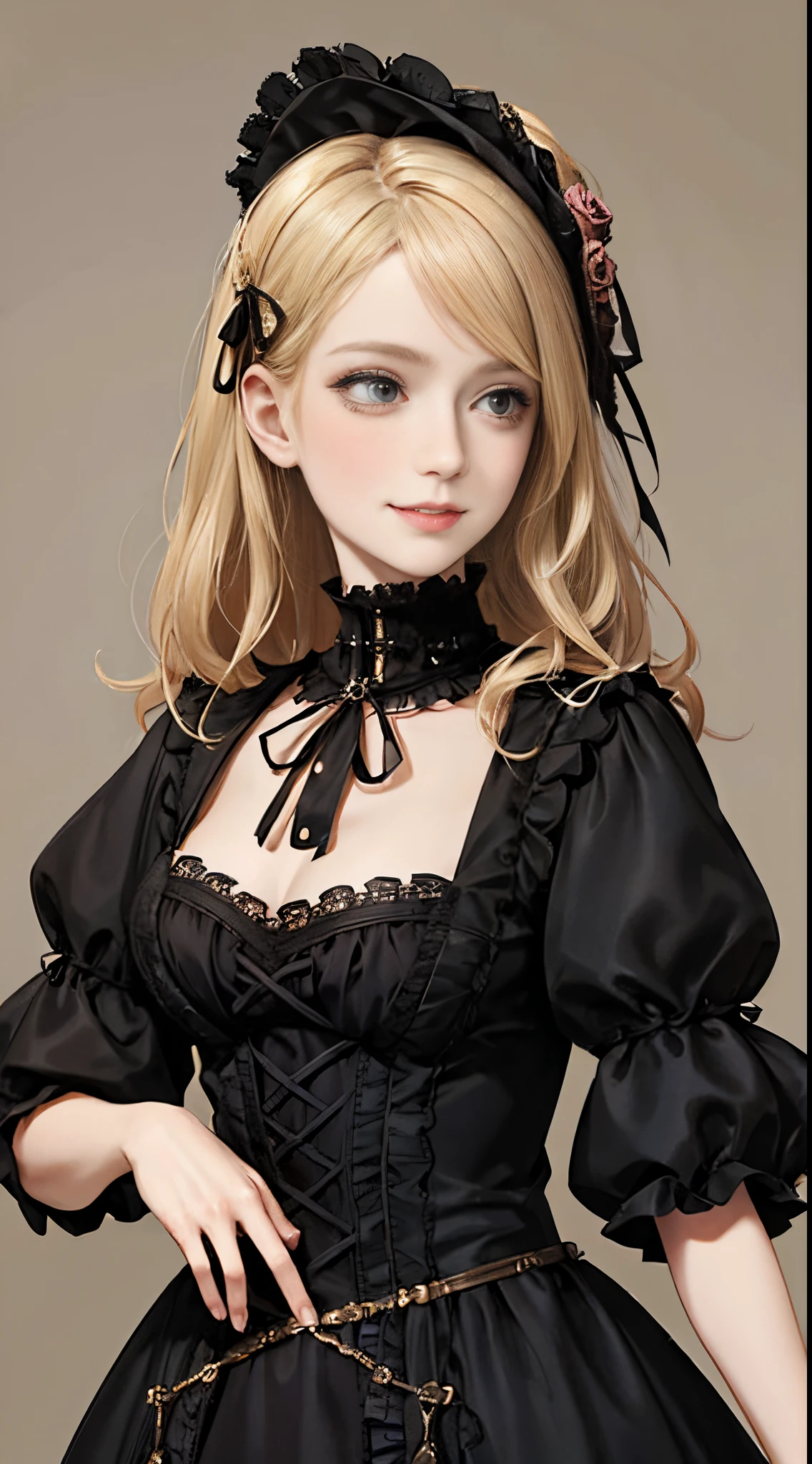 woman wearing dress and boots , baroque dress, in detailed steampunk dress, an elegant gothic princess, victorian gothic lolita fashion, Historical Baroque Dress Dark, black gothic lolita dress, fantasy style clothing, rococo dress, black rococo, classical witch, fantasy outfit, wearing a gothic dress, romantic dress, gothic dress,a blond,25-years old,(((Upper body portrait)))A smile,