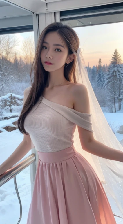 (tmasterpiece,8K,Best quality,A high resolution,ultra - detailed,ultra-realistic realism),The pink,A world covered in silver, branches covered with snow, cold winter touch, Snowflakes dance like elves, Turn the world into a silver fairy tale, Cold, Peaceful and beautiful snow scene, cozy calm