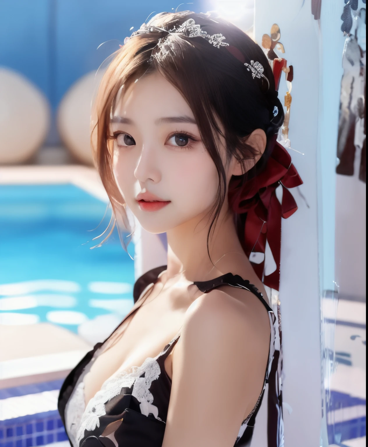 Close-up of a woman wearing a black dress by the pool, gorgeous young korean woman, beautiful Korean women, young and cute girl, beautiful young korean woman, Beautiful Asian Girls, Young and beautiful gravure idol, gorgeous chinese models, Korean girls, Realistic young gravure idol, 2 4  old female model, xintong chen, Young cute asian face