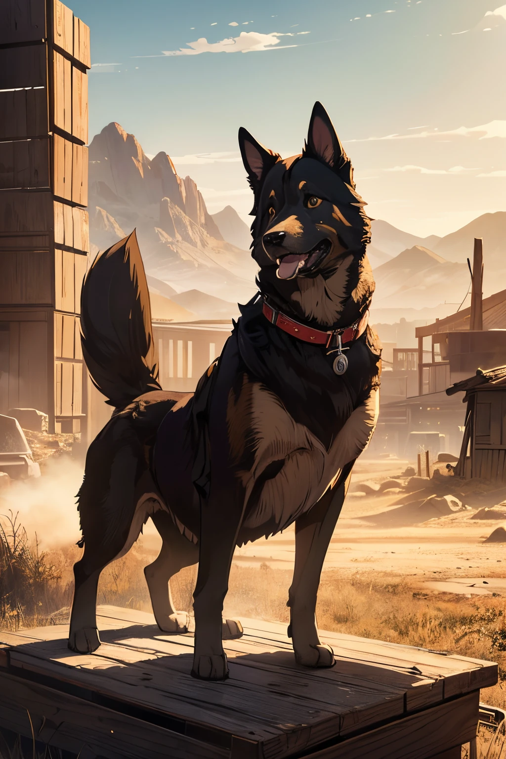 IMAGE OF A DOG ISOLATED IN THE LOWER RIGHT REGION OF A SQUARE IMAGE. THE REMAINING WILL BE A VACANT SPACE WITH NOTHING IN IT. With a Western theme/concept. The highlight is a German shepherd, standing with his front paws on a wooden box, staring at the dusty horizon. The surrounding environment is a typical Wild West scene, with a city in the background and distant mountains, digital illustration with sepia tones and realistic details, --ar 1:1 --v 5