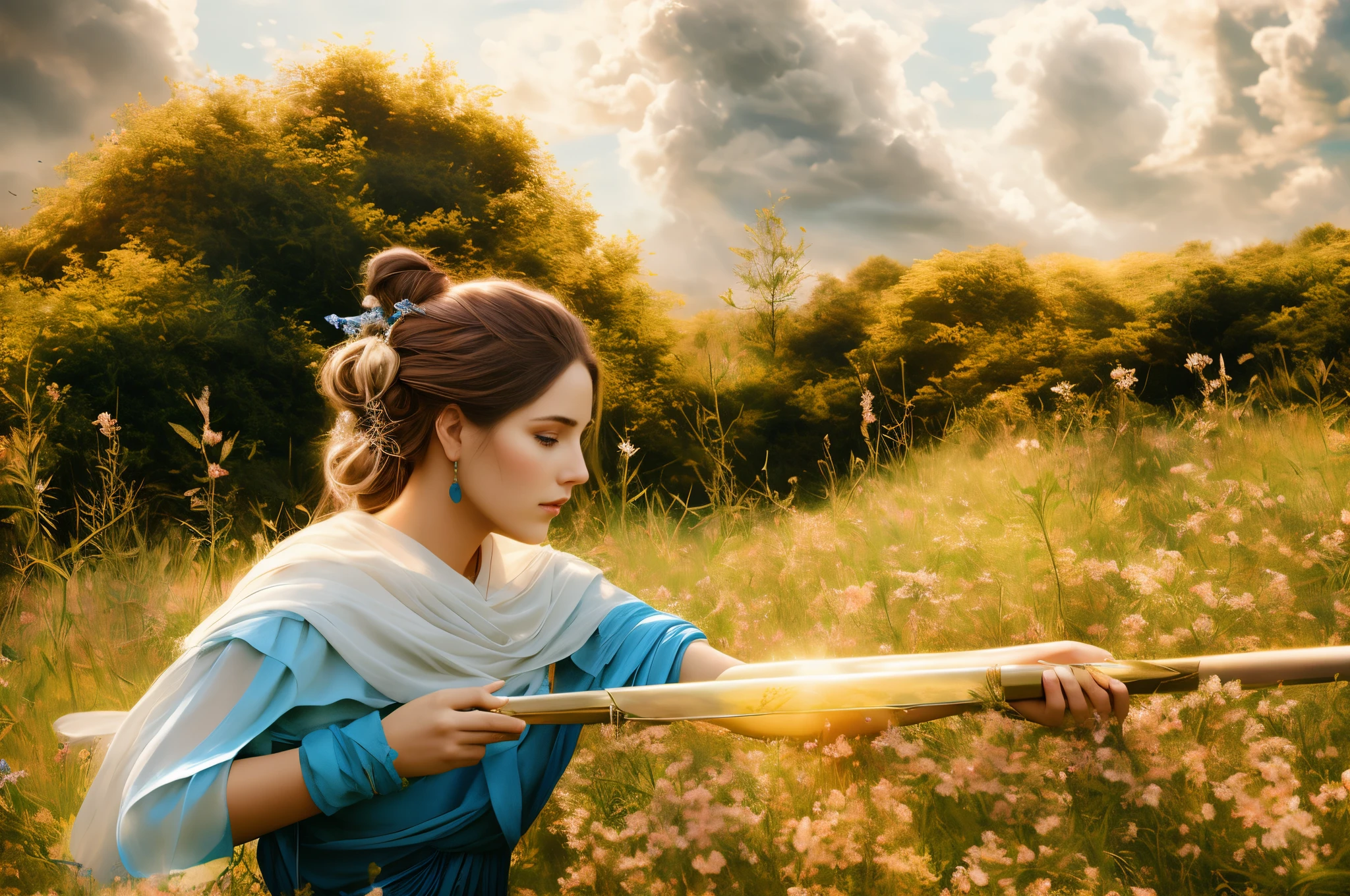 Arafed woman with long hair and blue dress in a field, gorgeous digital painting, beautiful digital painting, beautiful digital artwork, Stunning digital painting, beautiful fantasy art portrait, DeviantArt ArtStation CGSCOSIETY, stunning digital illustration, realistic 4k digital art, realistic 4k digital art, gorgeous digital art, beautiful character painting, beautiful digital illustration, realistic art style