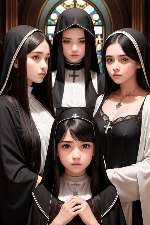 sisters of different ages, one teenager, one young girl, lesbians, sexy, small breast, detailed face, black hair, long hair,  catholic, witches