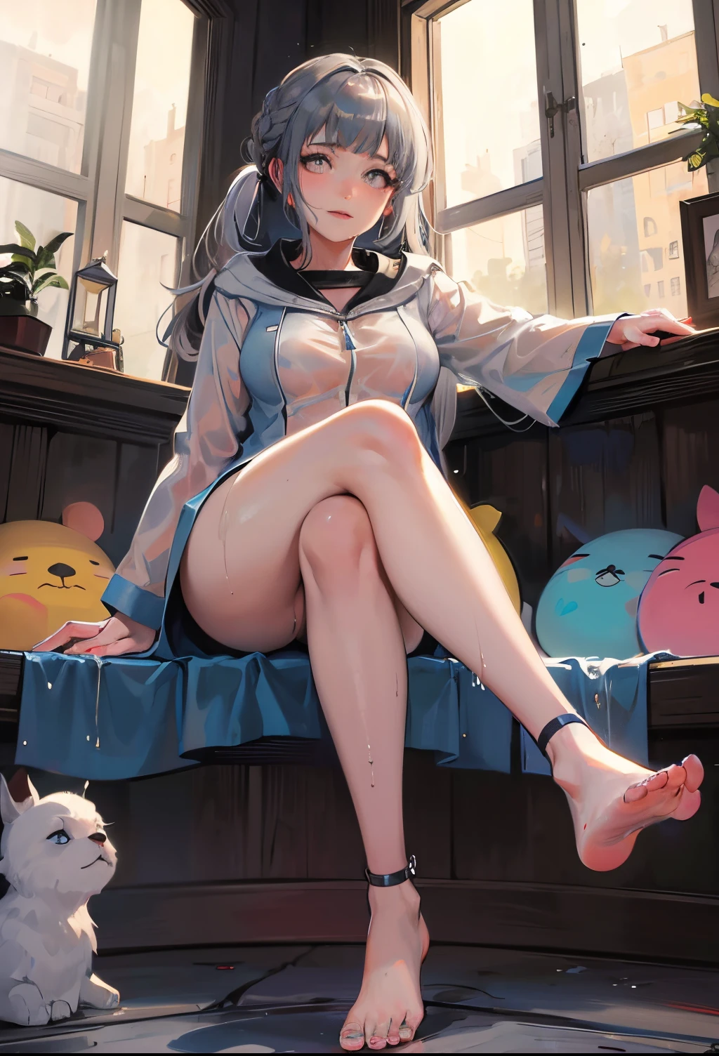 ((beautiful lighting)), corte bob de cabello plateado ondulado, gal, Medias ajustadas, Muy lindo, pechos enormes, muslos gruesos, Uniforme escolar, escote, ????, (Obra maestra)), ((highest qualityr)), gargantilla, wet with white liquid, piernas abiertas