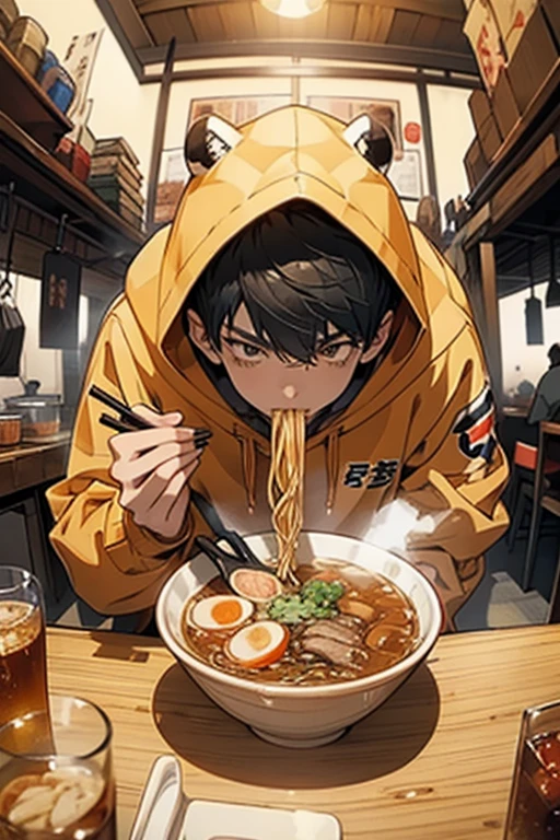 4K, High quality, Boy Eating Ramen, Perspective, Hand holding chopsticks, Clear hands, Good hands,Food Hoodie,