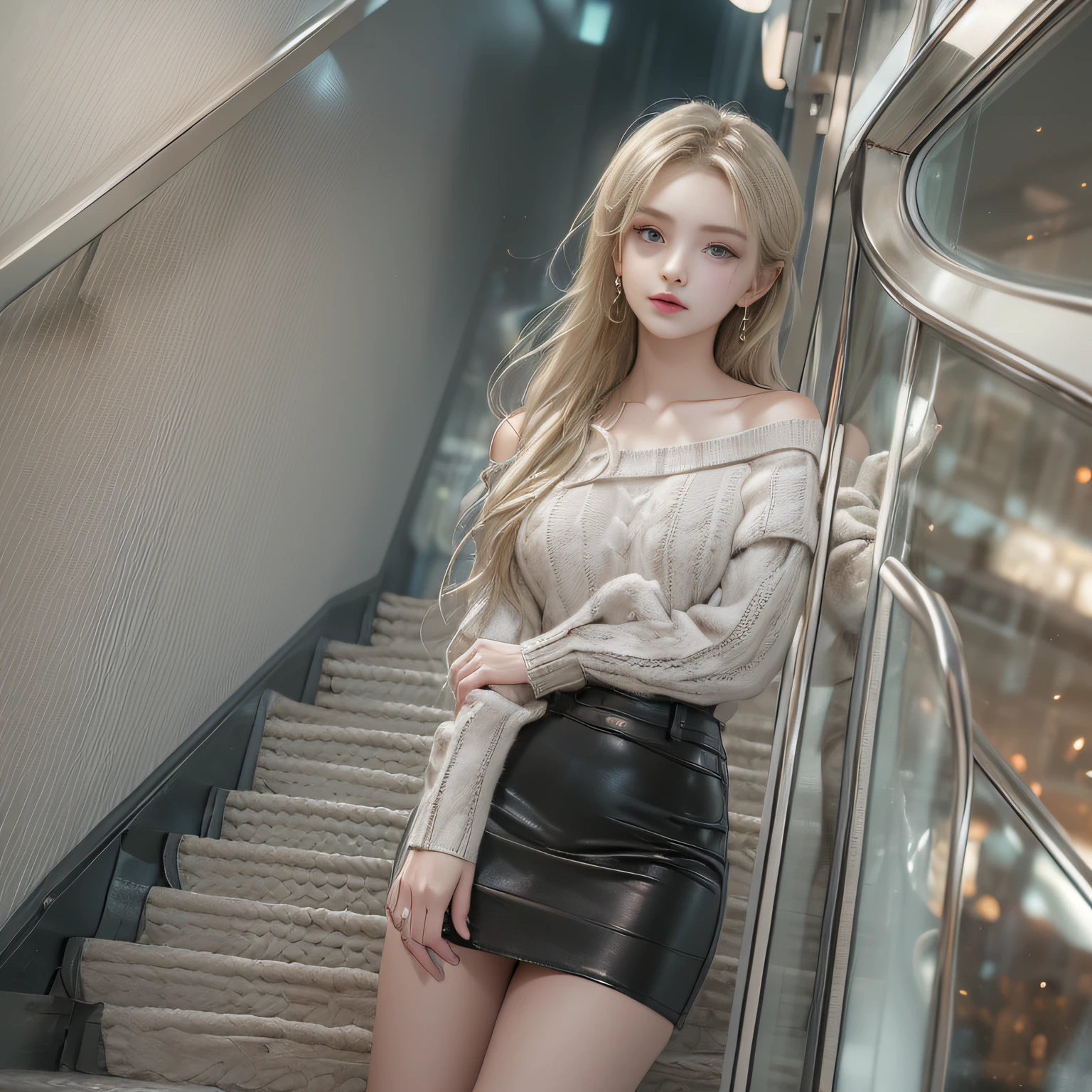 ((woman standing on stairs in office)),bright expression、Young shiny shiny white shiny skin、Best Look Rondo Reflective Light、Platinum blonde hair with dazzling highlights、shiny light hair,、Super long silky straight hair、Beautiful bangs that shine、(Glowing crystal clear attractive big blue eyes)、very beautiful lovely woman、(breasts of medium size,),Beautiful detailed eyes, beautiful detailed nose,(( Full Body Angle:1.5)),Makeup that the eyes emphasize、Royal style,Comic style, , Sub-surface scattering, ornate detail, nature backdrop, Supergianthugebreasts, ((Cinematic)), Dramatic Lighting, masutepiece、((Off-the-shoulder white hand-knitted sweater:1.4))、((Black Leather Mini Skirt)), ((Black Leather High Heel Boots))、(White lace panties are visible)、1 girl in、Ultra realistic 8K CG, 絵のようにflawlessな顔, flawless, clean, masutepiece, Professional artwork, famousartwork, Perfect face, Beautiful face, beautiful lawless female body)), Solo,(Immersive atmosphere, Chiaroscuro:1.5,Bright light:1.2,Luminous lighting),(blush:0.5),fascinated expression,Extremely detailed_Eyes,thick thighs,Large,beautifullydetailedbackground,depth of fields,Realistic:1.3, , (ambient lights:1.3),(Cinematic composition:1.3),(Neon light:0.1),(nffsw:0.1),