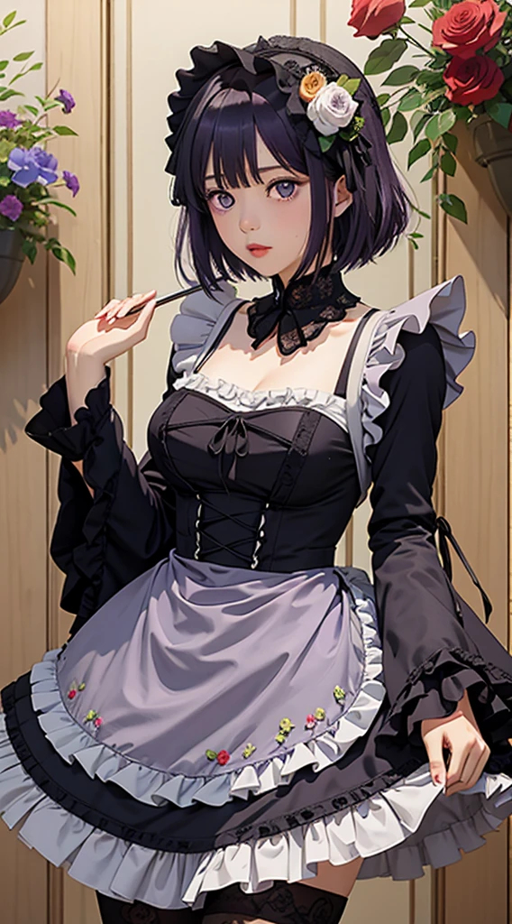 MarinLora, blush, short hair, black hair, hair ornament, thighhighs, long sleeves, dress, purple eyes, purple hair, flower, pantyhose, hairband, frills, hair flower, wide sleeves, apron, black dress, cosplay, rose, floral print, lace, lolita fashion, gothic lolita
