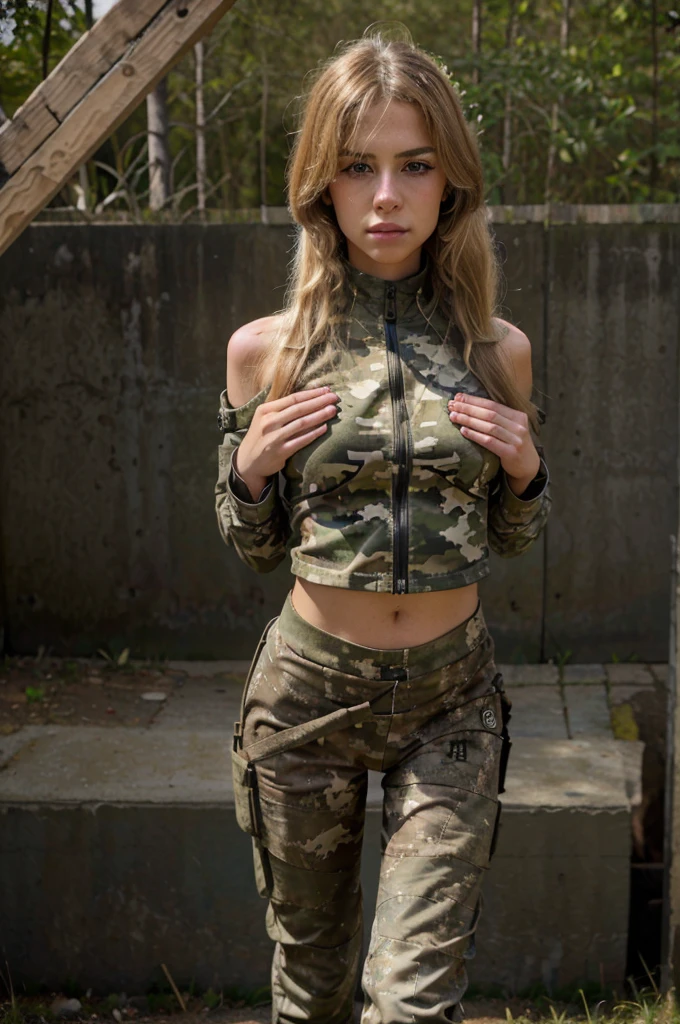 1 woman, (Soldier in the army), (Camouflage jacket), ((tied hair, blonde hair)) in a training field, 4k, .RAW, Best quality, (Masterpiece), (Ultra detailed), (Hyperrealism:1.2), extremely detailed eyes extremely detailed face), textured skin, (photorealistic, hyperdetailed:1.2), Crazy details, serious look, cute face, incredibly beautiful, ((Wear camouflage pants)), ((wears boots brown combat uniform)), ((the woman is giving a military salute)), ((the woman brings her right hand with the fingers together towards the temple)), ((the woman is firm with her shoulders back and chest up)), ((look and pose straight ahead)), ((look at the viewer))