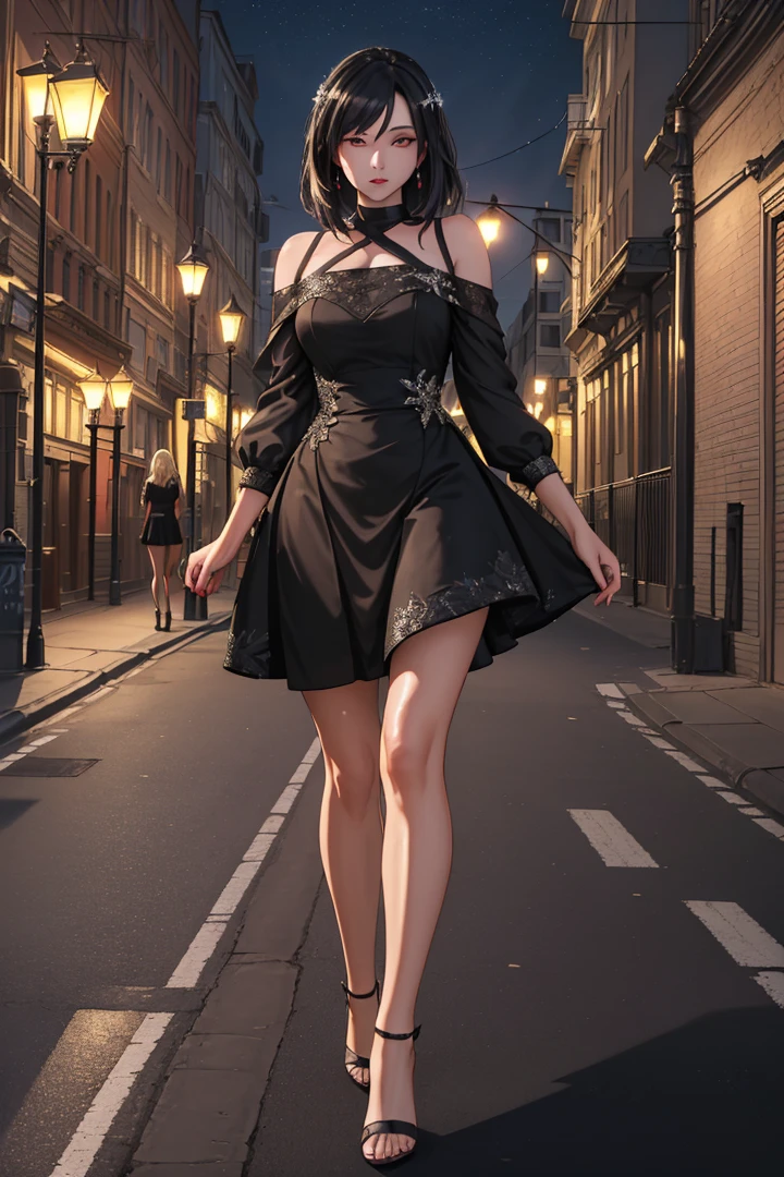 ((masterpiece, high resolution, best quality:1.4, thrilling, Super detailed)), (A lovely woman on the street,A strong light shines on her,darken everything else), open toe high heels, Serford, night, street lamp, Walk,