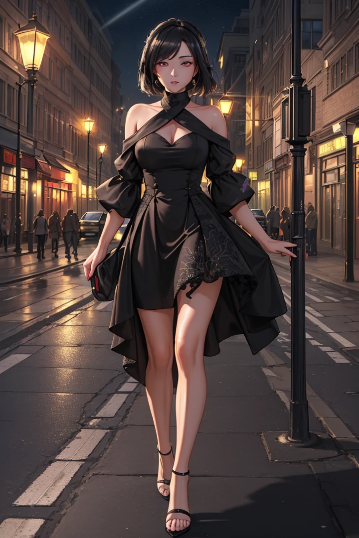 ((masterpiece, high resolution, best quality:1.4, thrilling, Super detailed)), (A lovely woman on the street，A strong light shines on her，darken everything else), open toe high heels, Serford, night, street lamp, Walk,