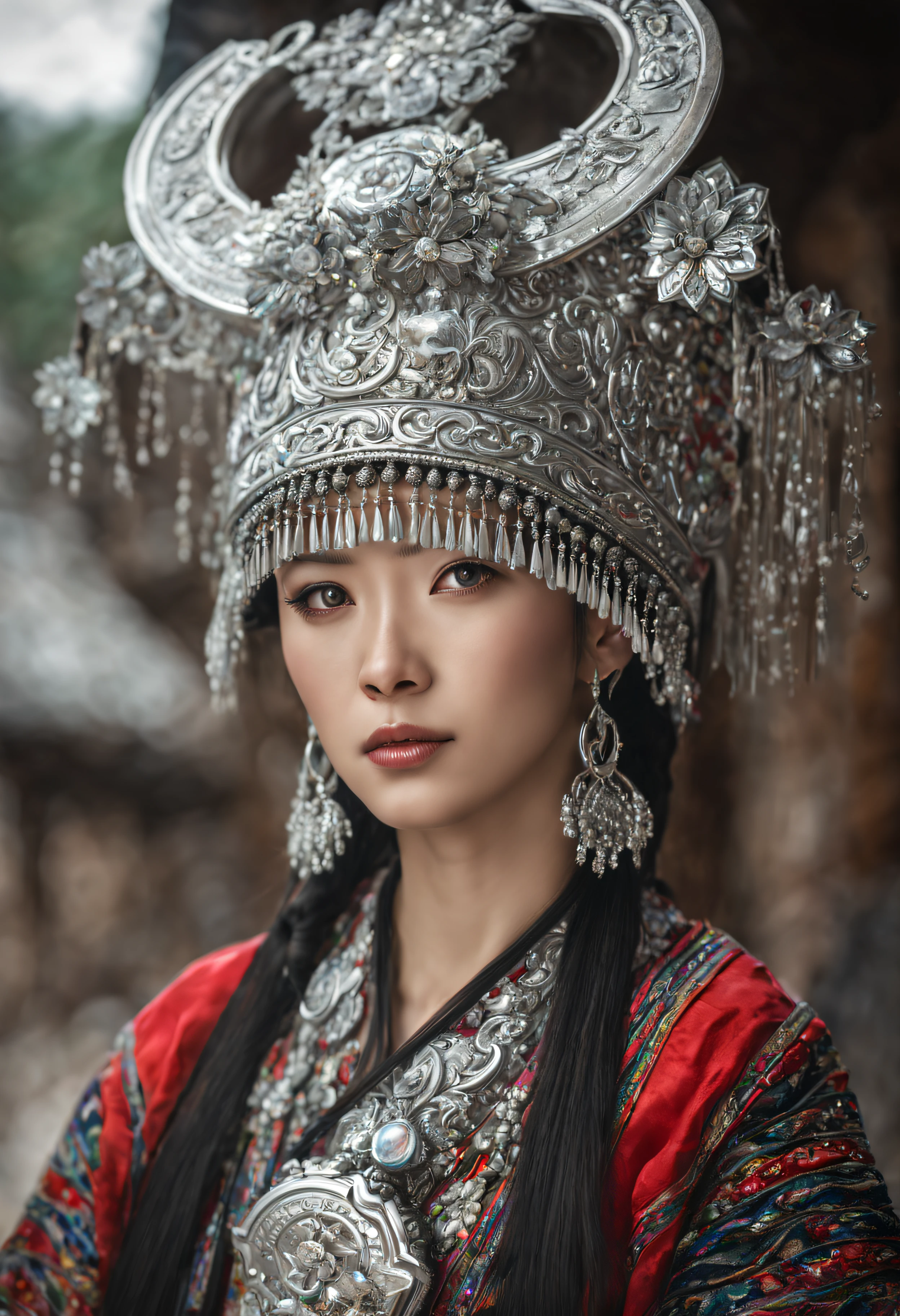 HDR,UHD,8K, best quality, masterpiece, absurdness, extremely detailed, miaoyuansu, hmong, miao8, 1girl, solo, black hair, realistic, long hair, jewelry, earrings, silver bull Horne on hat, upper body, looking at viewer, silky long straight hair, ornament, (very detail traditional clothes), hat, blurry background, portrait, makeup, headdress, eyelashes, photo realistic, intricate details, raw photo, photon rendering, octane render, absurdres, detailed face, detailed skin, trending on artstation, cinematic lighting, weapon, Miao nationality, Miao village, silver ornaments,