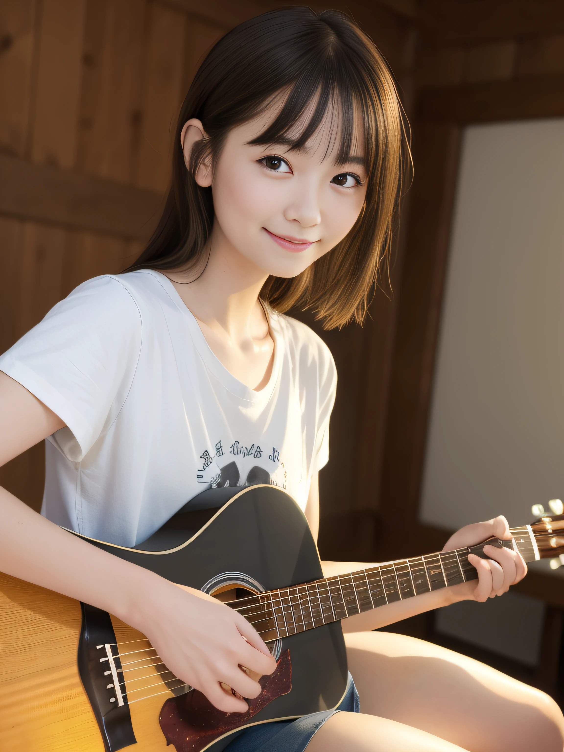 RAW image quality、top-quality、masterpiece、超A high resolution、(Photorealsitic:1.4)、Raw photo、1girl in, 14years, japanes, A dark-haired, Shorthair, Sexy white t-shirt, Side Boo Boo, Big beautiful eyes, Cross-legged sitting, (Playing acoustic guitar:1.4), Bedroom background, solofocus, (depth of fields, Ambient lighting, Blurred foreground, blurry backround:1.3), Atmosphere, Light flare, intricate detailes, enhanced lighting、Two arms、Biologically correct limbs, Innocent smile,