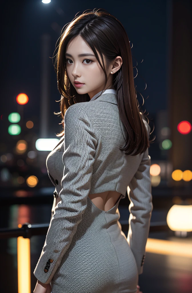 (Photoreal Stick:1.5, masutepiece:1.5, 8K), top-quality, masterpiece, 超A high resolution, Perfect dynamic composition, Professional camera work:1.3, Grow Light Effect, Mystical portrait, Cinematic Light:1.3, Highly detailed skin and facial texture:1.3, The ultra-detailliert, Model body type, Clear face, Detailed hand, A detailed eye, Calm, Totally captivates you, in a business suit, night view at night, dark brown hair, backshots