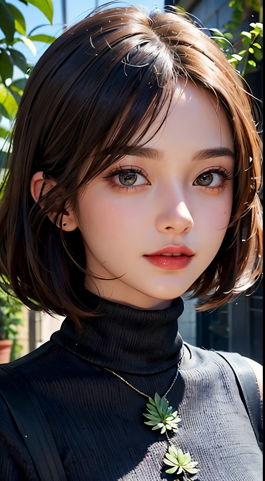 Beautiful girl standing in front of a store in a shopping mall,
(A hyper-realistic,hight resolution, ighly detailed:1.2), (8K), (beatiful detailed eyes, A detailed face:1.2), (top-quality), (ultra-detailliert), (( masutepiece)),Best Quality,Very detailed,
Beautiful woman standing wearing gray。 ,Twisted Pattern Turtleneck Pullover Sweater,BREAk,
Blue pleated skirt,
Black Medium Bob, Beautiful meticulous eyes, Cute face, Bust, Big Bossom, Beautiful meticulous face, Seductive smile,
25 years old, mature appearance, Realistic drawing art , 
1womanl,A half body,Head to bust image scope,
up close shot,
(Plant illustration: 1.5),