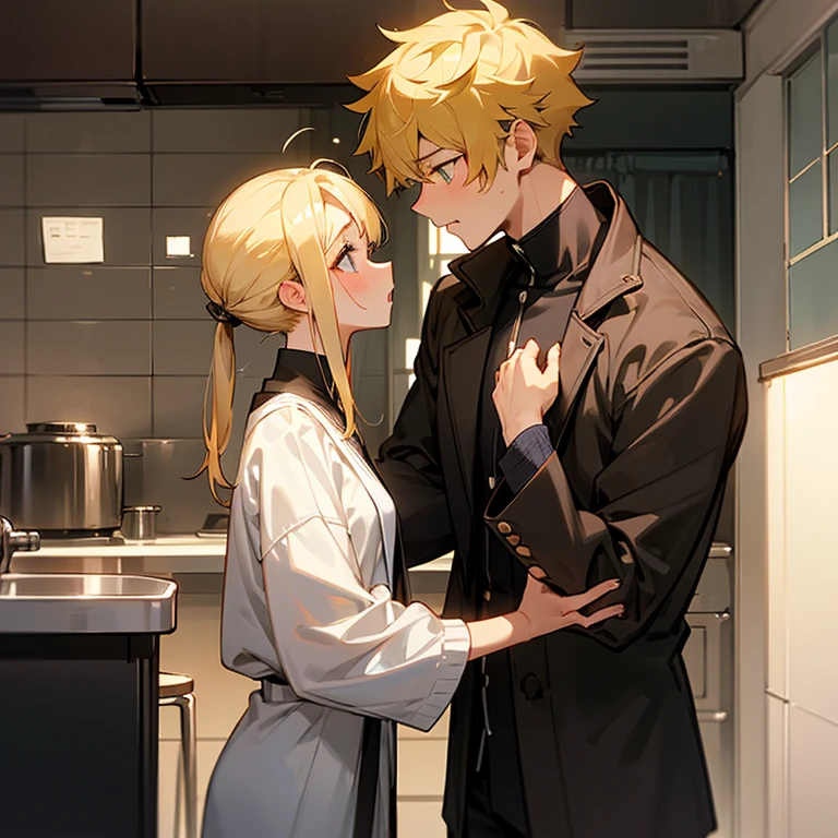 Two men and women are deep kissing、cafes、natta、High 、That girl has yellow hair、eyes are white、JINS、White sweater(her breasts are quite exposed、It has been taken off)、midiam、Females are shorter than males、The woman looks surprised but happy..、Males are tall、agitation、White breath、The left eye is green、Right eye is blue、light skinned、well-muscled、Thin macho、Brown hair、Quirk hair、Shirtless and wearing a black jacket、A man looks into a woman's eyes with love、they are standing in the kitchen, Have a deep kiss、I'm pretty excited、both blush、The man is handsome and has a cute face。