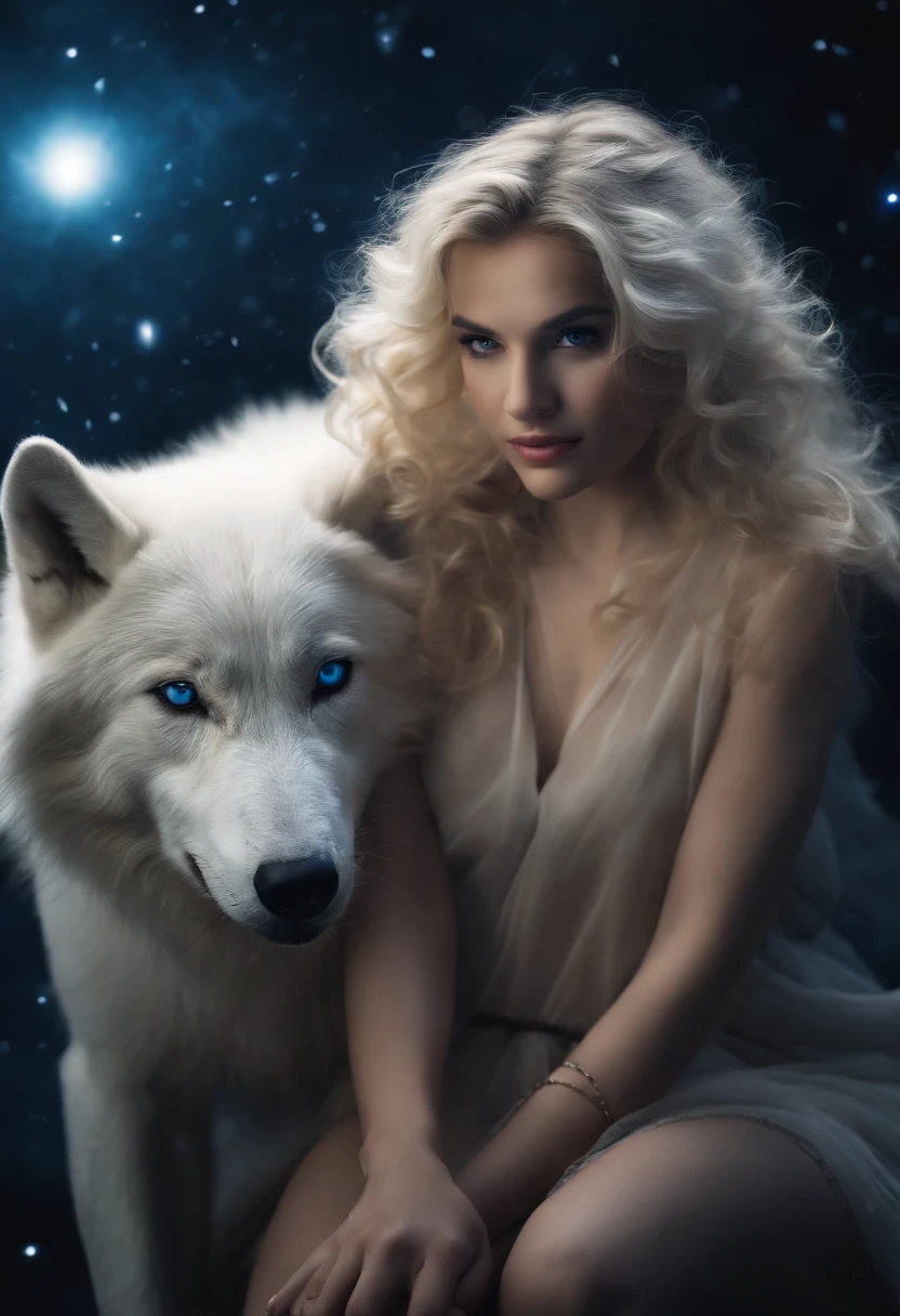 Mysticism, legend, White wolf and girl, ((White wolf and girl)), (huge wolf), (a huge white wolf guards a beautiful girl), motion, running, Running on the Milky Way, blue eyes, White wolf fur glows with silver sparks, (young girl, very young), NSFW, (age16 years), (NSFW), blue eyes, Hourglass figure, big breasts, Broad Buttocks, blonde goddess, seductive smirk, ssmile, beatiful face, perfect white haired girl, lips ajar, blue eyes, blonde woman, Very long curly hair, clothes transparent, transparent air payment, Silver collar, Silver Belt, Silver sandals, Happy posture, cute seductive smile, a beautiful blonde, good young girl, Good viewing angle, attractive pose, Sweet girl, sexy pose, a gorgeous blonde, full length image, full length image, ((background galaxy Orion Nebula)), Starry sky background, Two moons, Orion Nebula, Milky Way galaxy at your feet, Professional, (4k photos:1.1) in front of a, (sharp-focus:1.3), High level of detail, carrying (Low shirts:1.2), Beautiful Detail Face, brown eye, longue blonde hair, (Attractive young woman:1.3), (seductive:1.1), (Paint:1.1), (Masterpiece: 1.5) (Photorealistic: 1.1) (bokeh) (Best Quality) (detail skin texture, pores, hairsh: 1.1) (Intricate) (8K) (HDR) (wallpapers) (Cinematic lighting) (sharp-focus)