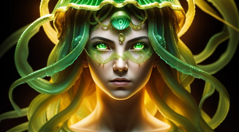 ((jellyfish)), Greek mythology ((Hair is golden, short Greek dress)), (green snake eyes), female face, High, detailized face, high detailed eyes,16k, photo RAW, beste-Qualit, Master Part, high detail Color RAW Photo, dramatic  lighting, Cinematic lighting,