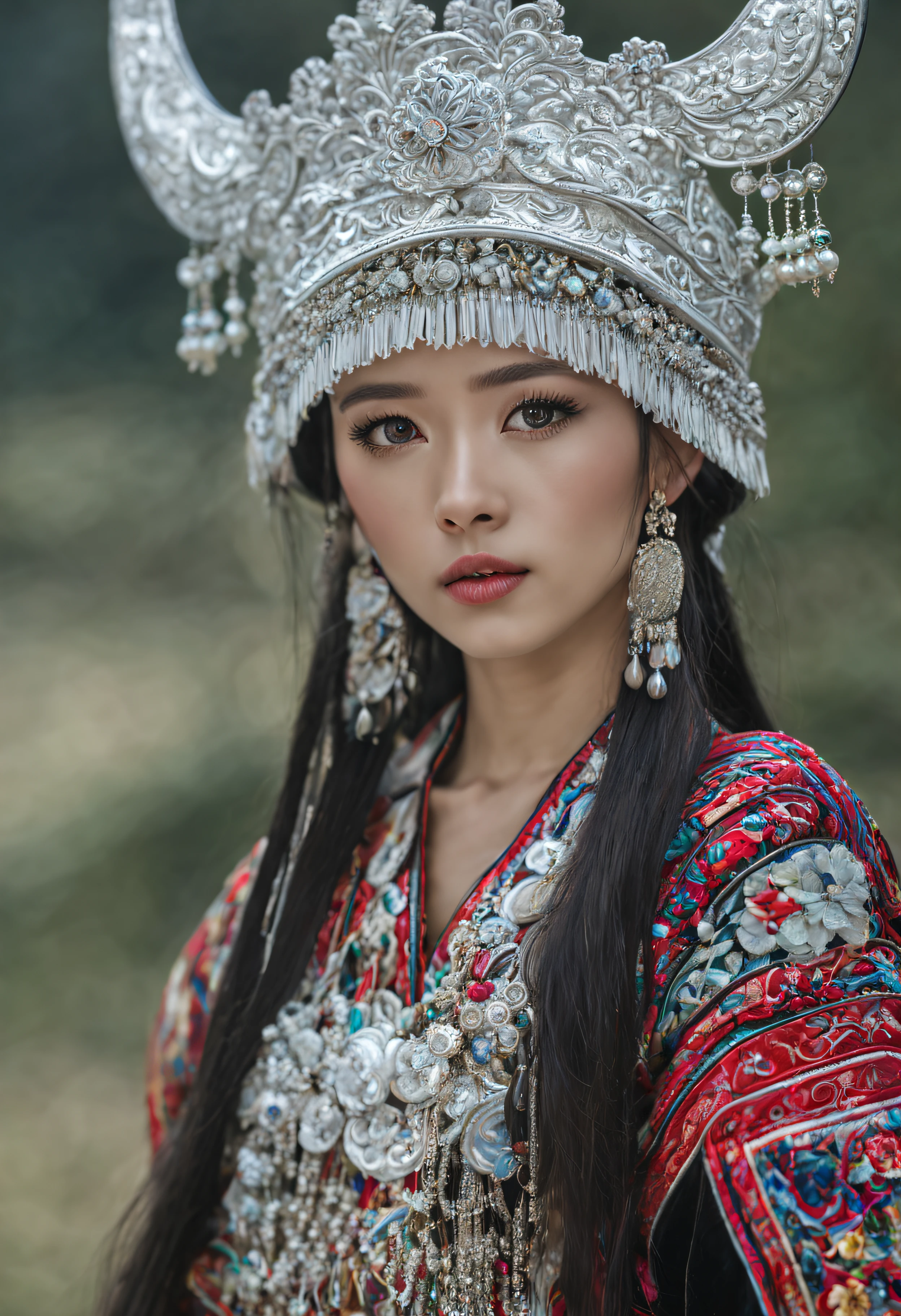 HDR,UHD,8K, best quality, masterpiece, absurdness, extremely detailed, miaoyuansu, hmong, miao8, 1girl, solo, black hair, realistic, long hair, jewelry, earrings, silver bull Horne on hat, upper body, looking at viewer, silky long straight hair, ornament, (very detail traditional clothes), hat, blurry background, portrait, makeup, headdress, eyelashes,