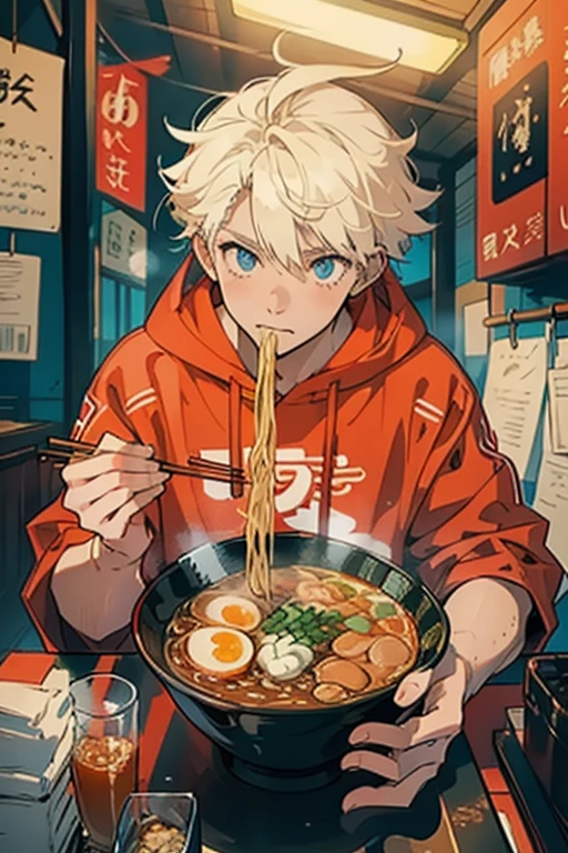 4K, High quality, Young man eating ramen, Perspective, Hand holding chopsticks, Clear hands, Good hands,Food Hoodie,