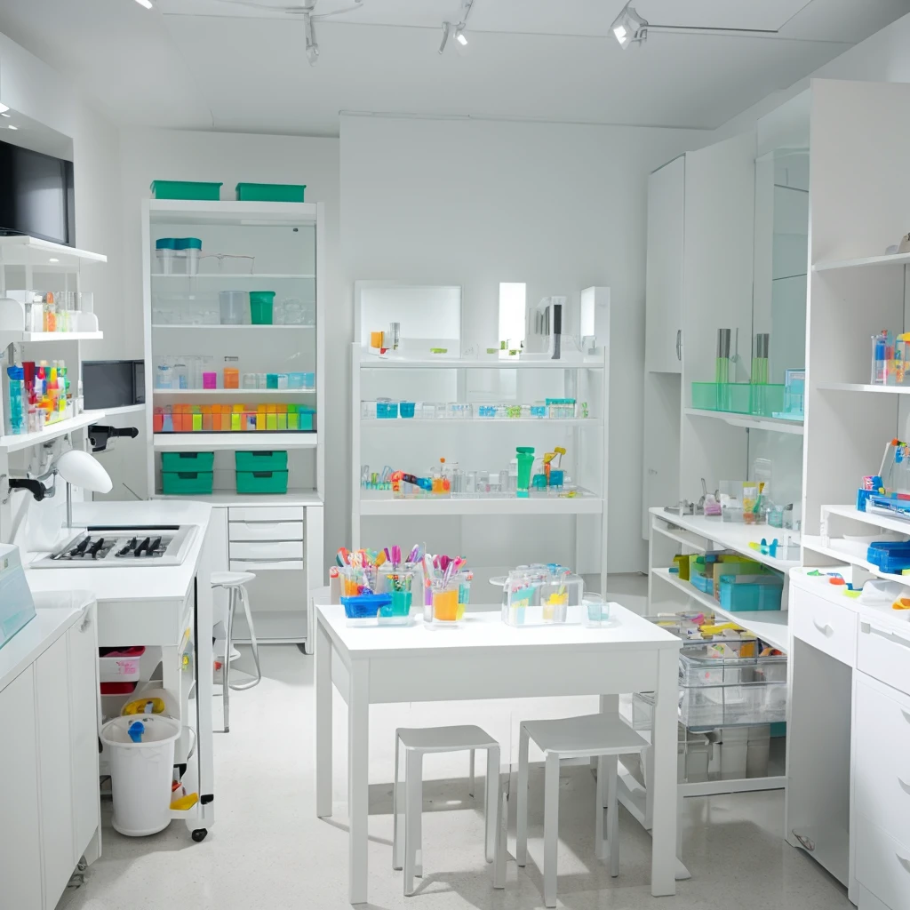 Laboratory White room Many items are for children All items are white