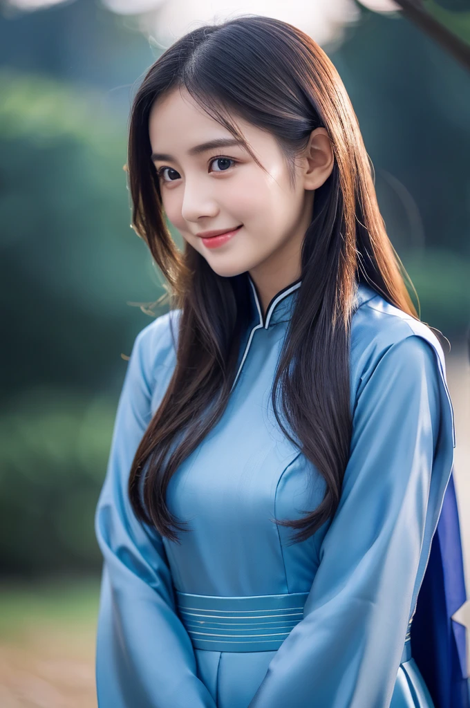 traditional clothes ,dark blue ao dai, ao dai, vietnamese girl, vietnam, vietnamese, satin, pretty girl, wide smile , long hair, Realistic lighting, delicate face, cute expression, Body perfect anatomy,Top Quality, 8K Resolution , full body , realistic , real human , High quality, shiny ao dai , realistic , Cinematic, Aesthetic , satin aodai, 22 year old girl, detailed and beautiful face and eyes,beautiful woman