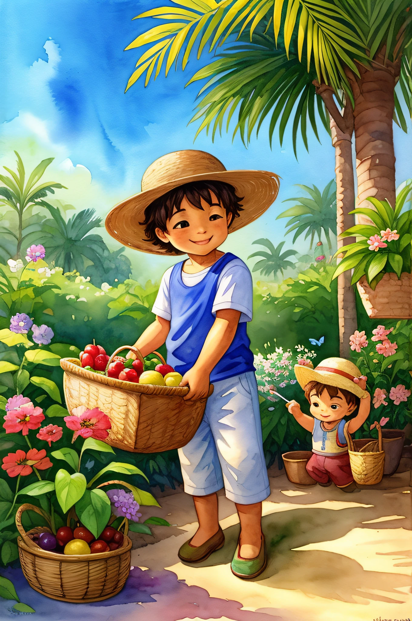 pintura em estilo aquarela, onde podemos ver um jardim encantador, with a little gardener boy taking care of various plants. He is portrayed as a baby, Feito em estilo cartoon, with appropriate gardening clothes and a straw hat, O garotinho sorri enquanto rega as plantas e cuida delas com carinho, Ao fundo, there is a majestic date palm, cheia de frutos maduros e suculentos. Poderia ter alguns passarinhos voando. O menininho segura uma cesta cheia desses frutos, que ele colheu com orgulho. The image is made in watercolor, com cores vibrantes e suaves, conveying a sense of tranquility and harmony. The plants have bright colors coming from the flowers around the garden, the different varieties of plants that the boy is taking care of and even some friendly animals that are nearby, like butterflies or birds. The boy is cheerful while holding the basket full of fruits. The ripe fruits of the date palm and how they add a touch of color and abundance to the garden. Use the watercolor technique used to create the image, highlighting the soft brushstrokes and translucent colors that bring the scene to life.