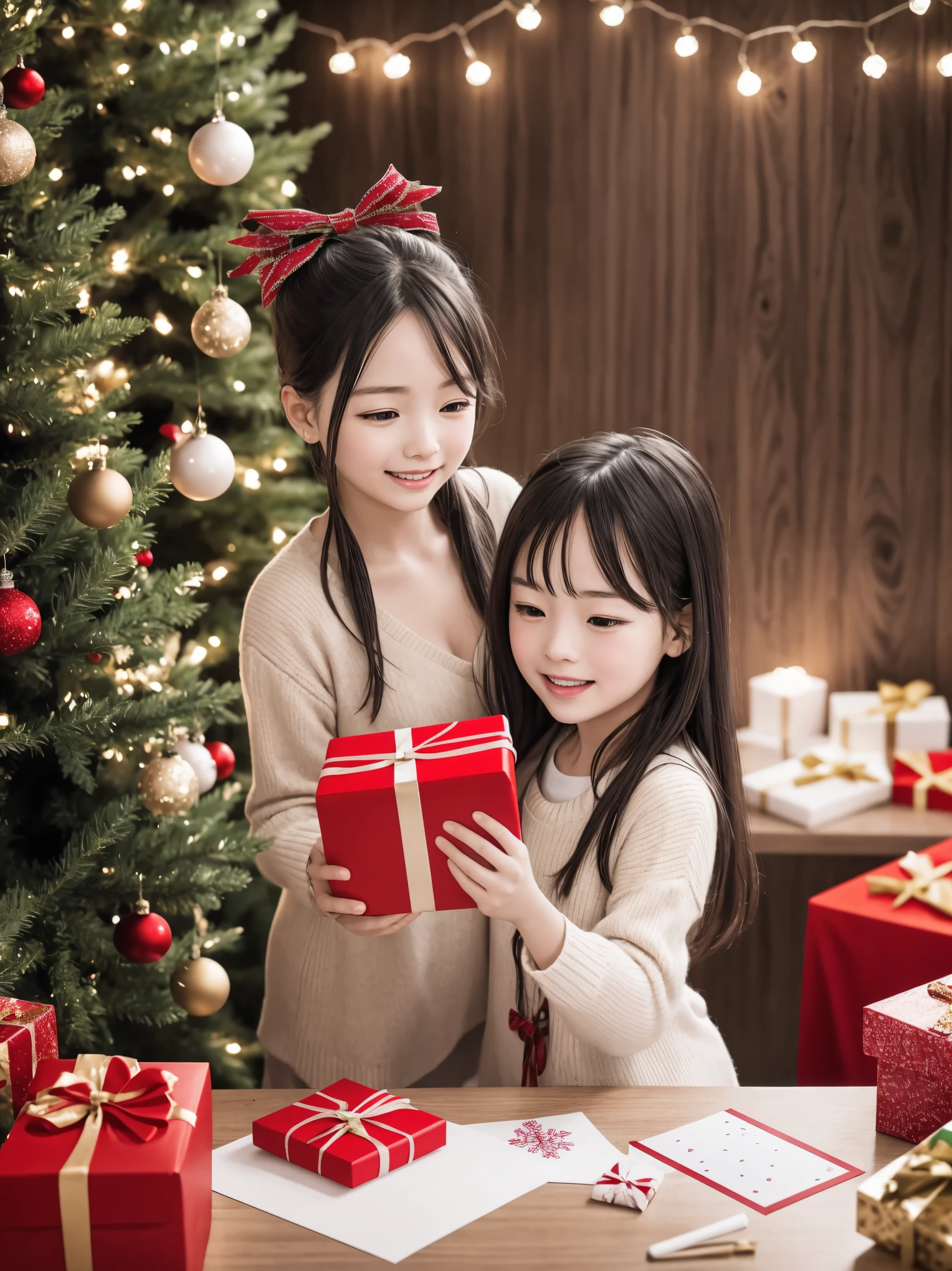 (best quality,4k,8k,highres,masterpiece:1.2),ultra-detailed,realistic,gifts,table,Christmas tree,decorations,wrapping ,bows,ribbon,presents,holiday spirit,vibrant colors,warm lighting,cozy atmosphere,toys,cards,candles,snowflakes,joyful,celebration,exquisite details,exciting surprises,shiny ornaments,sparkling tinsel,beautifully wrapped,excited children,anticipation,festive mood,magical ambiance,delightful moment,wonderful memories,family gathering,cheerful faces,Christmas magic,extravagant,abundance of presents,HDR,UHD,studio lighting,ultra-fine painting,sharp focus,physically-based rendering,professional,vivid colors,bokeh.