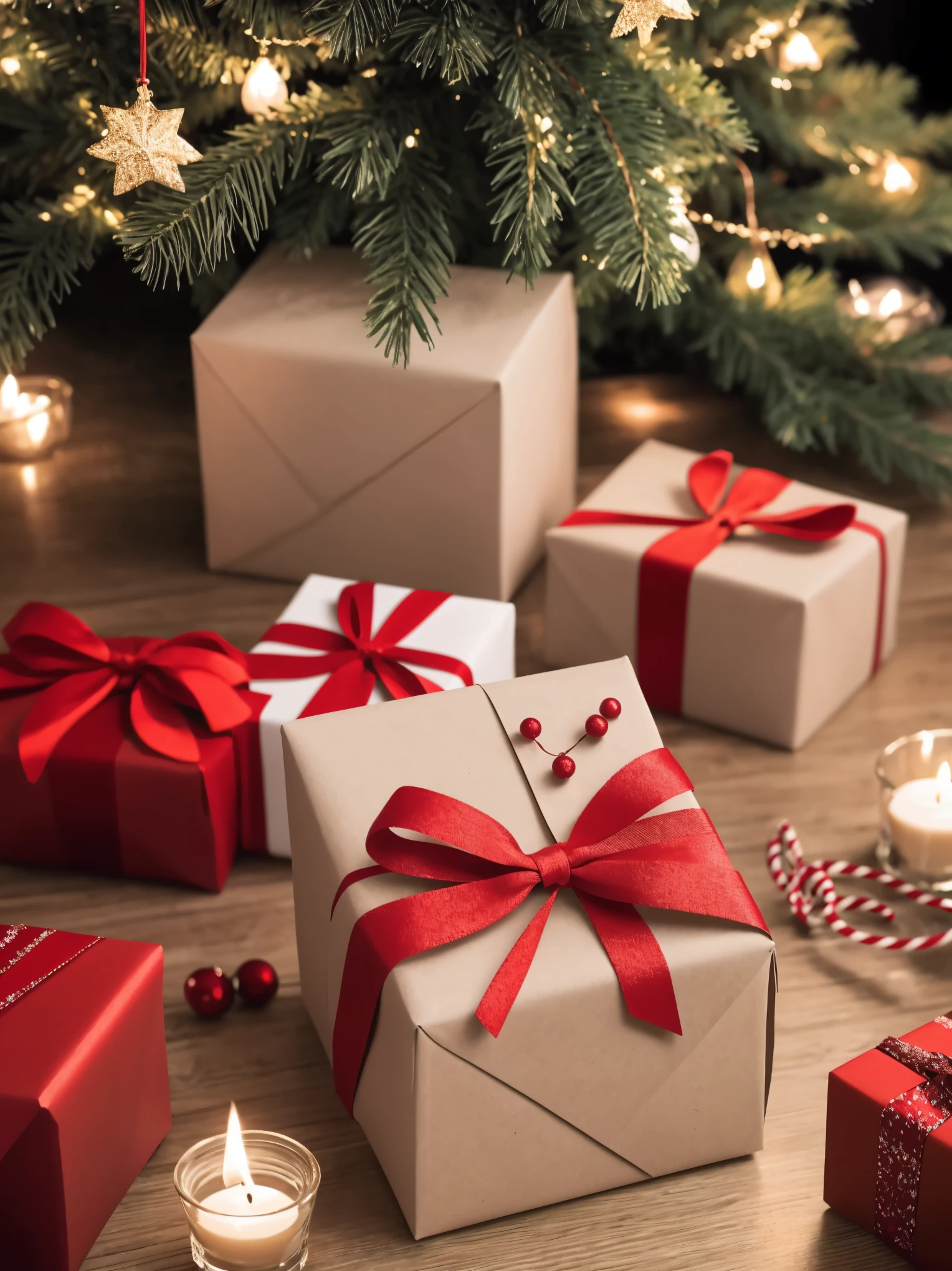(best quality,4k,8k,highres,masterpiece:1.2),ultra-detailed,realistic,gifts,table,Christmas tree,decorations,wrapping ,bows,ribbon,presents,holiday spirit,vibrant colors,warm lighting,cozy atmosphere,toys,cards,candles,snowflakes,joyful,celebration,exquisite details,exciting surprises,shiny ornaments,sparkling tinsel,beautifully wrapped,excited children,anticipation,festive mood,magical ambiance,delightful moment,wonderful memories,family gathering,cheerful faces,Christmas magic,extravagant,abundance of presents,HDR,UHD,studio lighting,ultra-fine painting,sharp focus,physically-based rendering,professional,vivid colors,bokeh.
