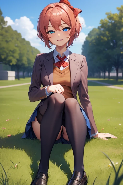 ddlcsayori, ddlcsayori, blue eyes, hair between eyes, hair bow, hair ornament, pink hair, ((red bow:1.4)), short hair,
BREAK blue skirt, pleated skirt, school uniform, skirt, brown jacket, jacket,
BREAK looking at viewer,
BREAK playground background, outdoors,
BREAK (masterpiece:1.2), best quality, high resolution, unity 8k wallpaper, (illustration:0.8), (beautiful detailed eyes:1.6), extremely detailed face, perfect lighting, extremely detailed CG, (perfect hands, perfect anatomy), ((sitting on grass:1.4)), ((black stockings:1.4)) ((ahegao:1.5)), ((Show legs:1.4)), ((black loafers:1.4)), ((sky from bellow:1.4)), ((smile smug face:1.4))