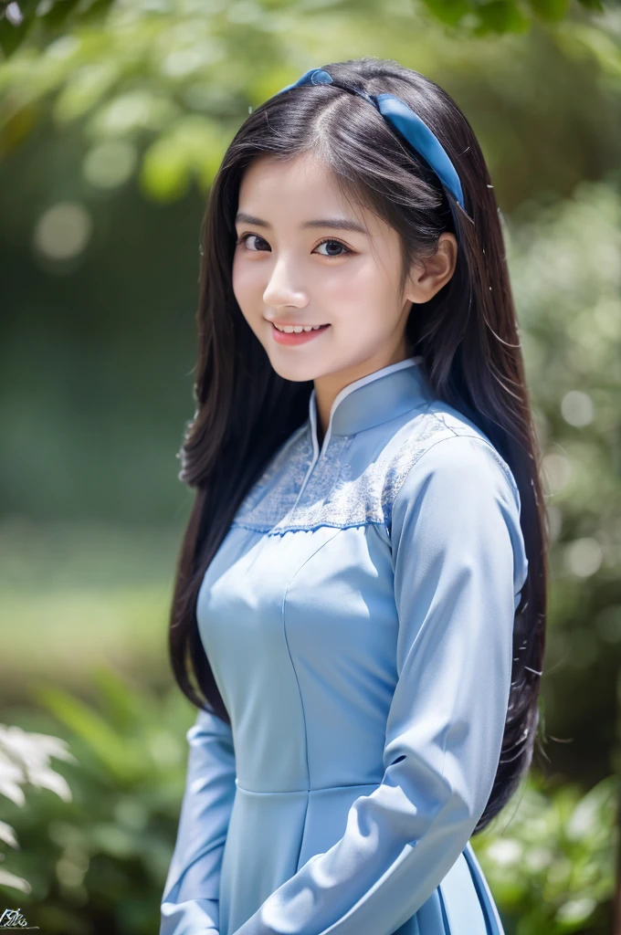 traditional clothes ,dark blue ao dai, ao dai, vietnamese girl, vietnam, vietnamese, satin, pretty girl, wide smile , long hair, Realistic lighting, delicate face, cute expression, Body perfect anatomy,Top Quality, 8K Resolution , full body , realistic , real human , High quality, shiny ao dai , realistic , Cinematic, Aesthetic , satin aodai, 22 year old girl, detailed and beautiful face and eyes,beautiful woman