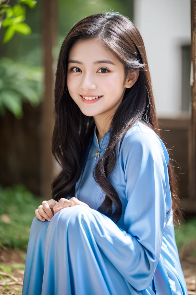 traditional clothes ,dark blue ao dai, ao dai, vietnamese girl, vietnam, vietnamese, satin, pretty girl, wide smile , long hair, Realistic lighting, delicate face, cute expression, Body perfect anatomy,Top Quality, 8K Resolution , full body , realistic , real human , High quality, shiny ao dai , realistic , Cinematic, Aesthetic , satin aodai, 22 year old girl, detailed and beautiful face and eyes,beautiful woman