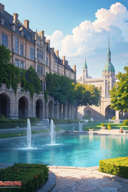 Buildings with fountains and architectural scenes with fountains, palace background, Anime background art, highschool background, anime backgrounds, anime scene, Anime landscapes, Madhouse Studio anime style, Anime background main vision, beautiful anime scenery, royal garden background, animation still frame, anime still images, random background scene, anime screenshot, anime movie backgrounds