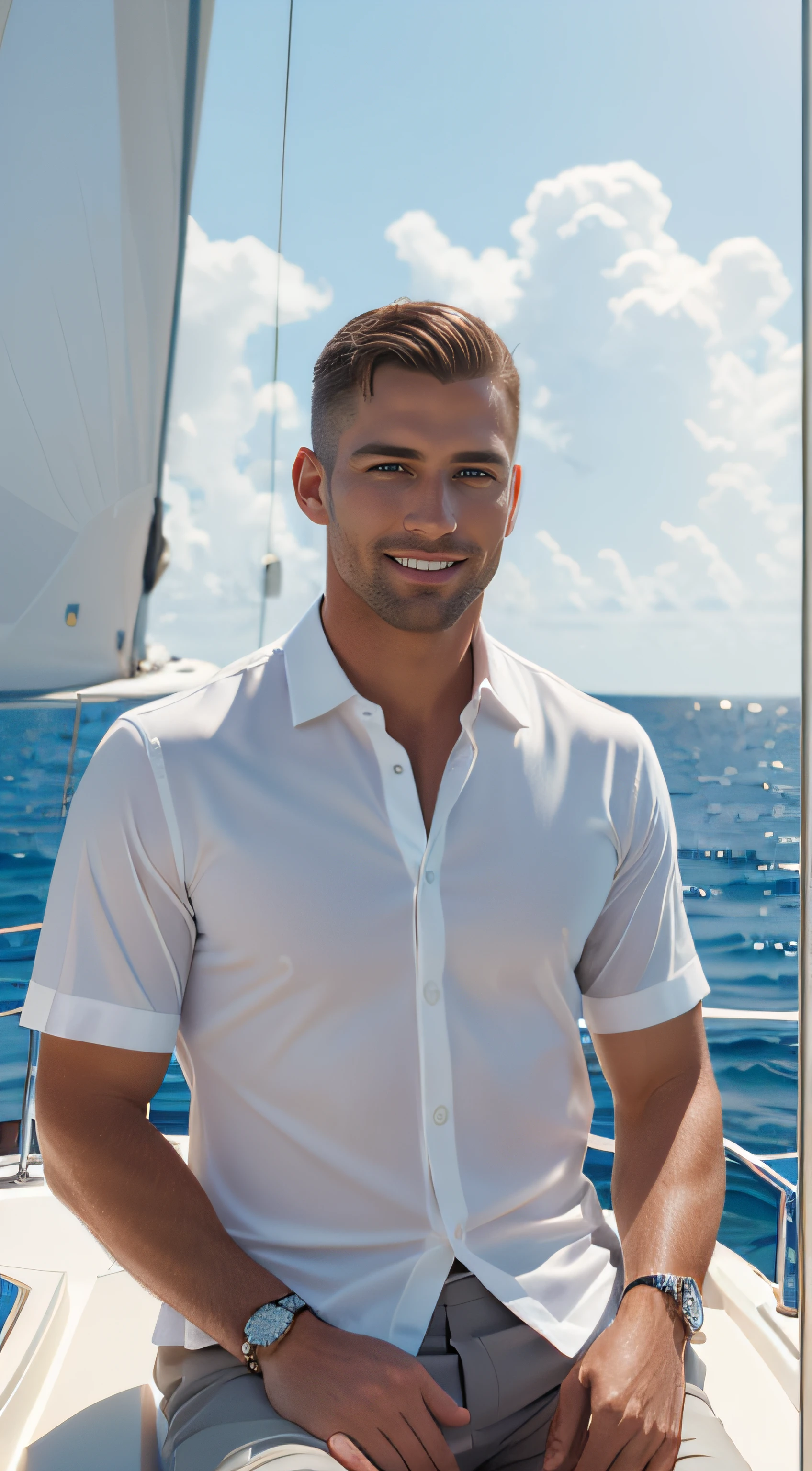 Hyperrealista and Plano, a photo primer on handsome guys.. rich, Well dressed. Cut your hair short and go on a yacht in the middle of the sea., see beauty, luxury island., masterpiece, bestquality, (photorealistic portrait:1.4), Full body, detailed face, smile, facing camera, Pictures taken from a distance, Age 44 years