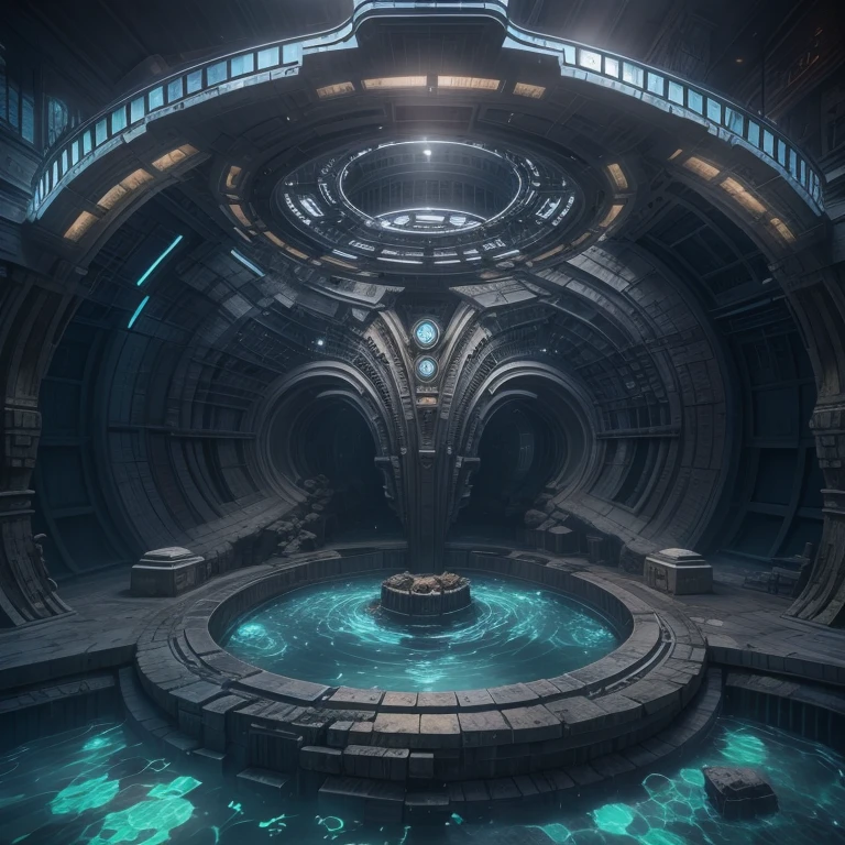 ((SeaArt Logo)) !Highest quality! Masterpiece! Cinematic image. 3D visualization. The scene was recreated using Unreal Engine. The highest quality, details, textures, materials, and clear forms (smooth bionic, synthetic material, artificial stone, plastic, metal). Black radiance from the depths of forms, an alien ship, an alien civilization, alien worlds. One creature. Frontal camera view, perspective, with watery ceilings, deep grotto, and membrane floor.